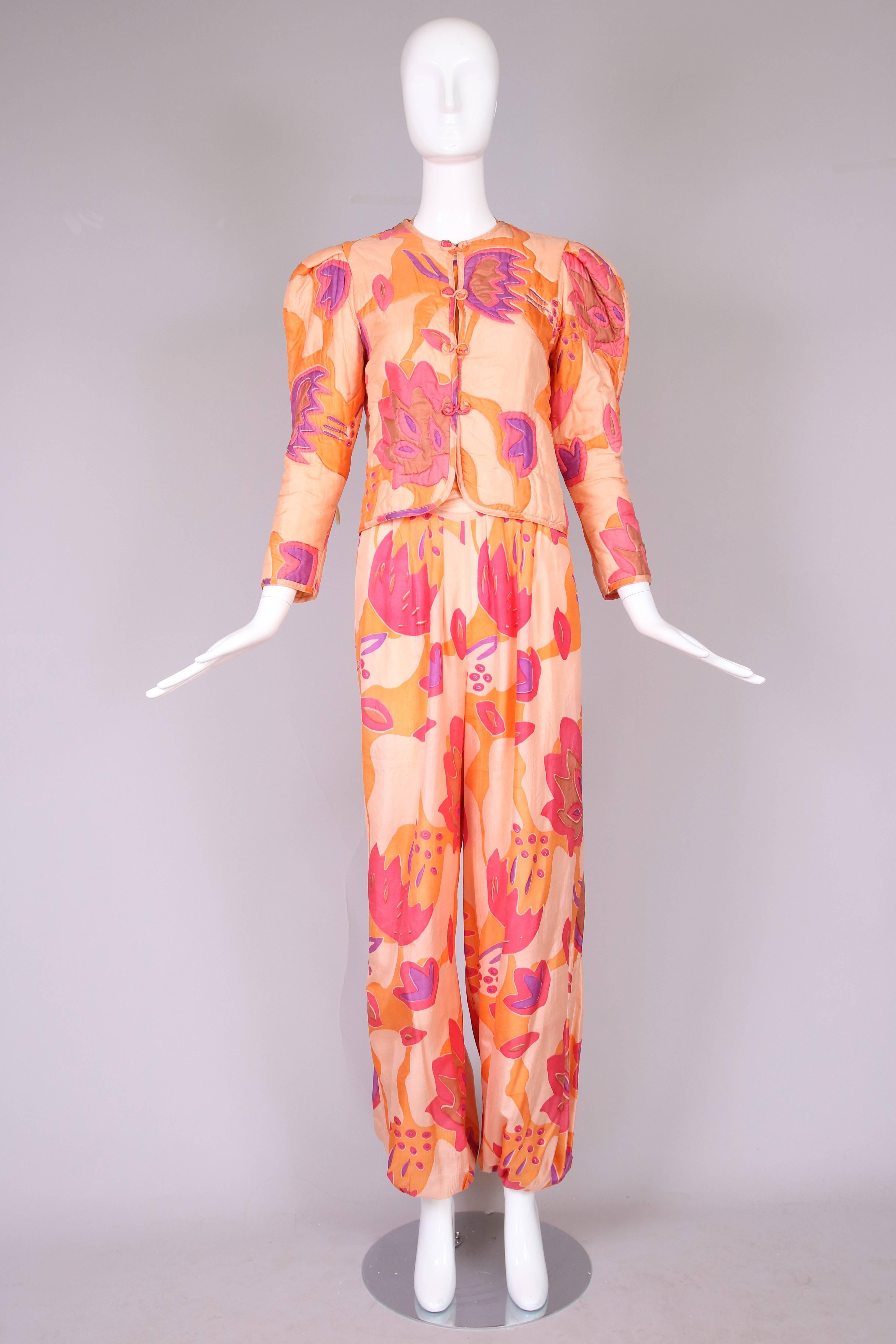 1970's Bill Tice Silk Printed Halter Jumpsuit W/Matching Quilted Jacket 2