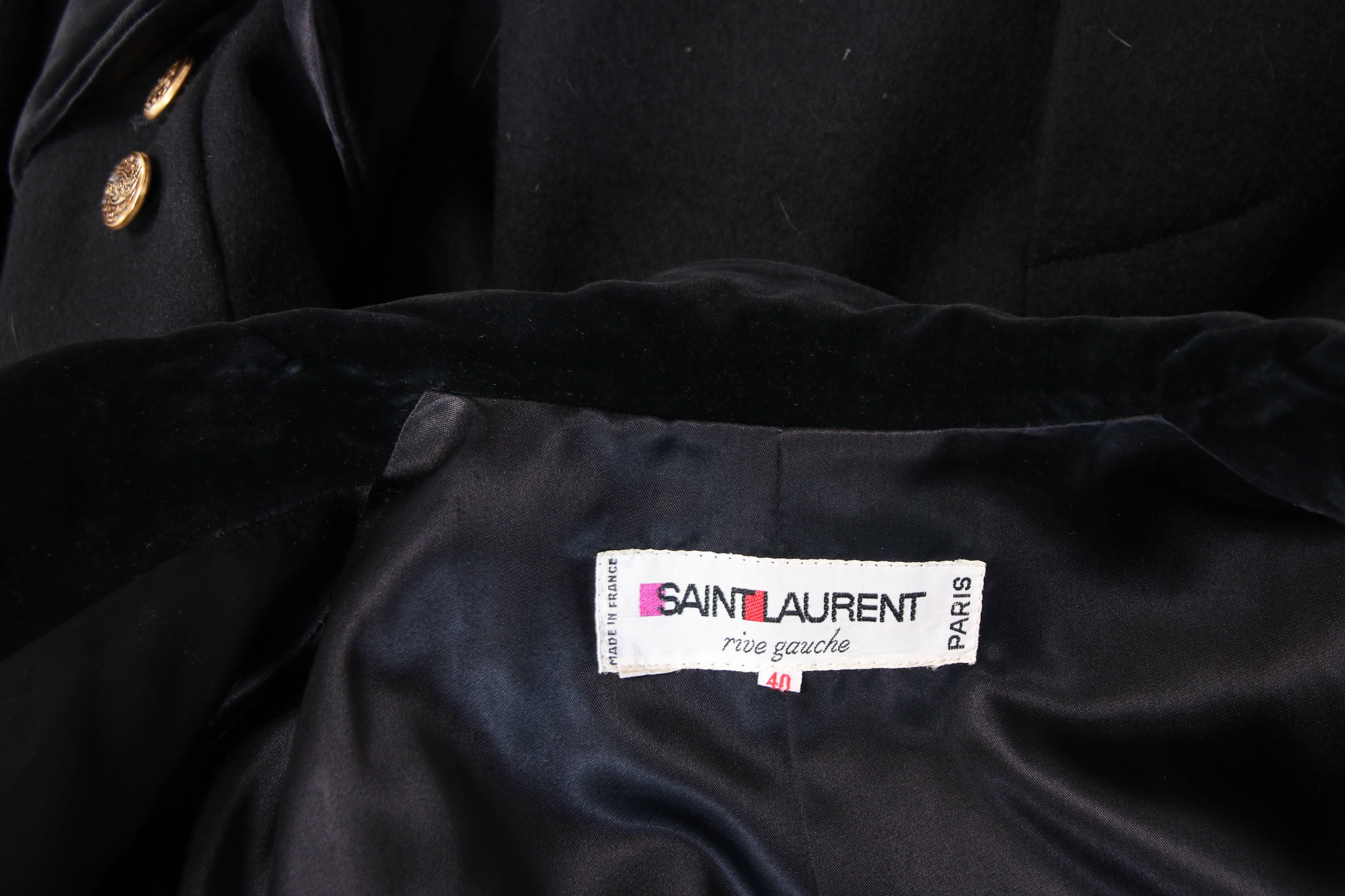 Vintage Yves Saint Laurent Black Melton Wool Military Style Coat w/Velvet Trim 1