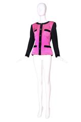 Chanel Pink Satin & Black Boucle Jacket w/Velvet Trim & Four-leaf Clover Buttons