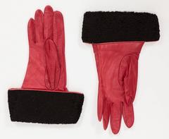 Yves Saint Laurent YSL Red Leather Gloves w/Sheared Mongolian Fur Trim