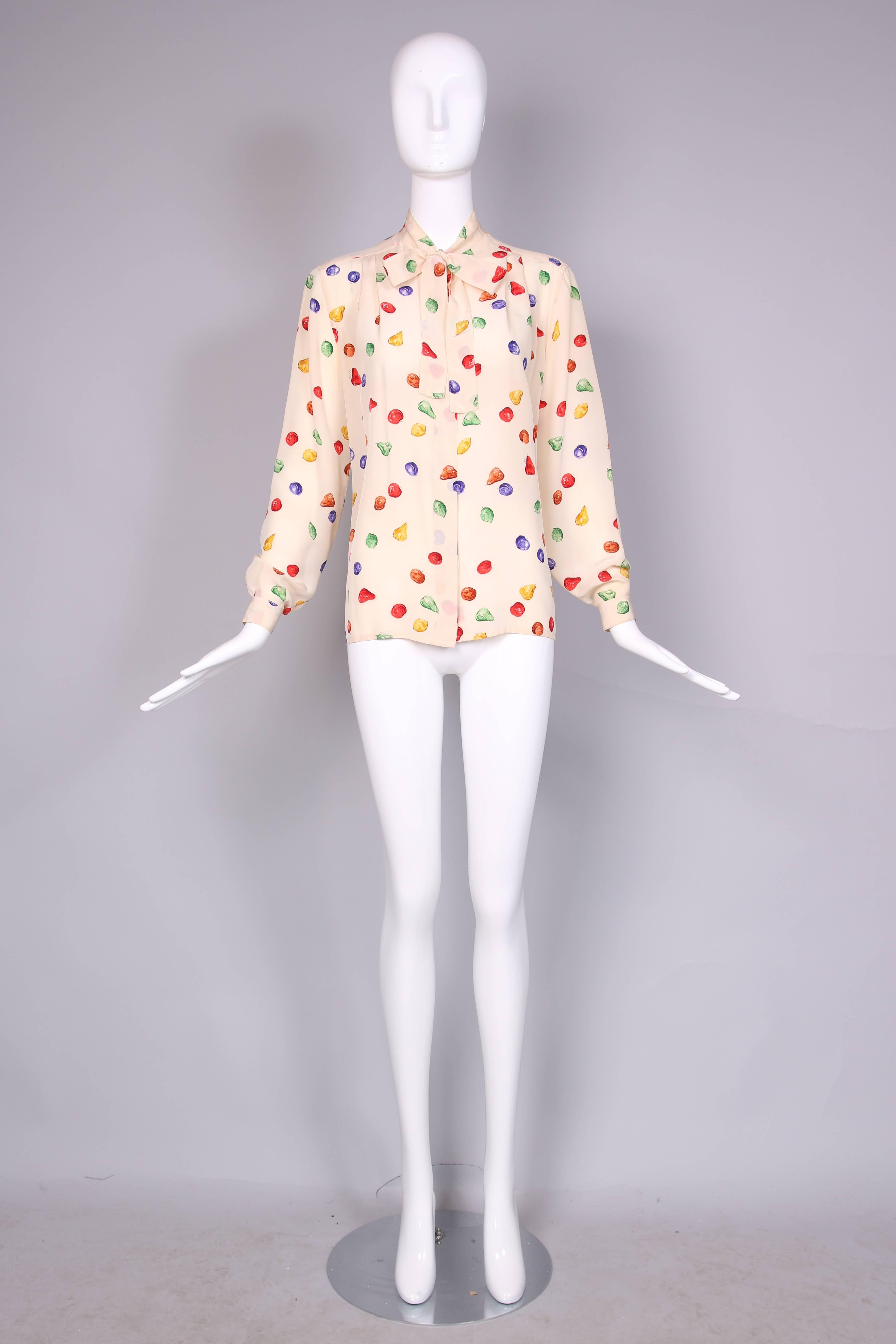 White 1970's Gucci Silk Blouse Featuring Print of Multi-Colored Fruit & Neck Ties