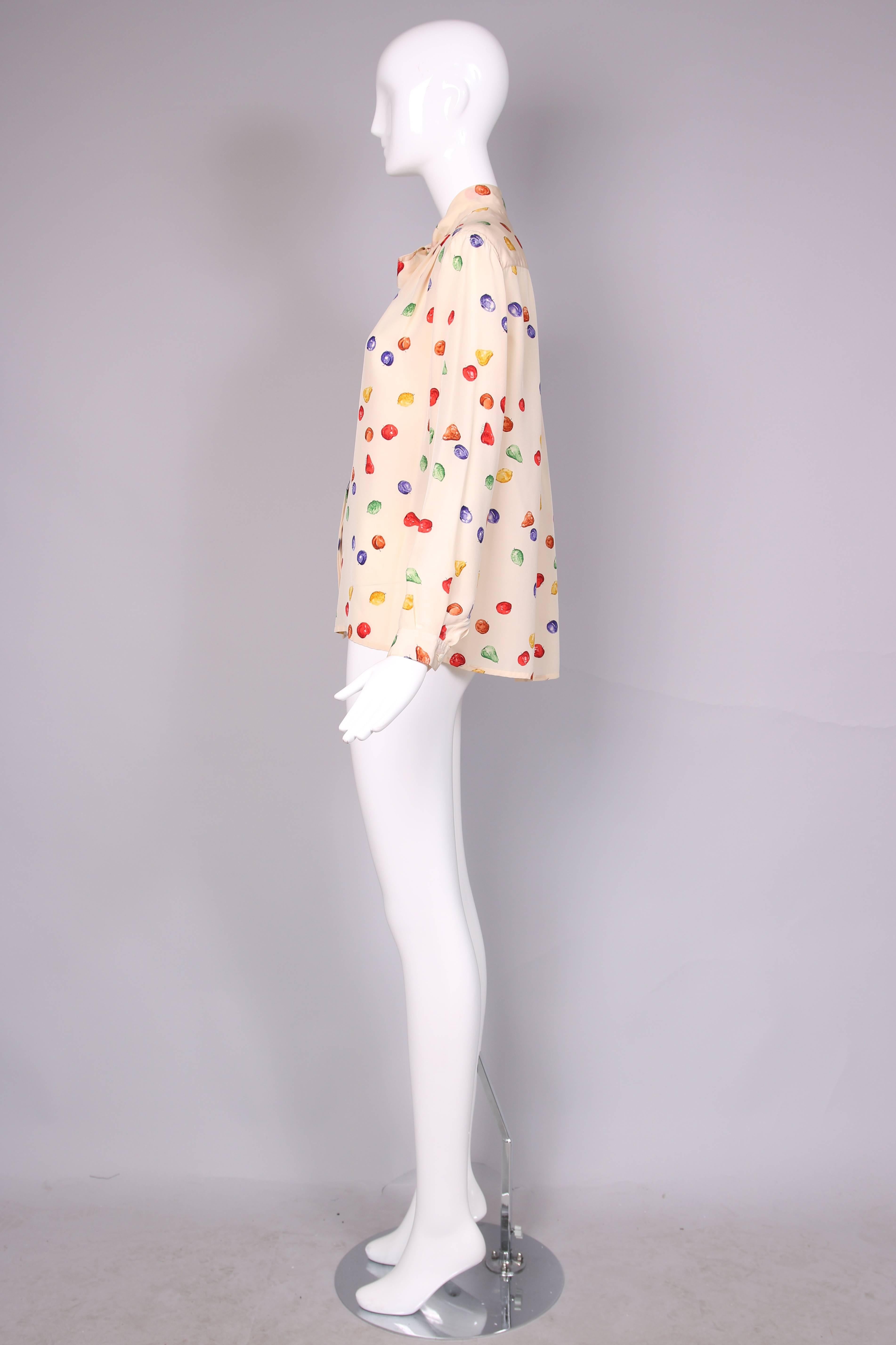 1970's Gucci Silk Blouse Featuring Print of Multi-Colored Fruit & Neck Ties In Excellent Condition In Studio City, CA