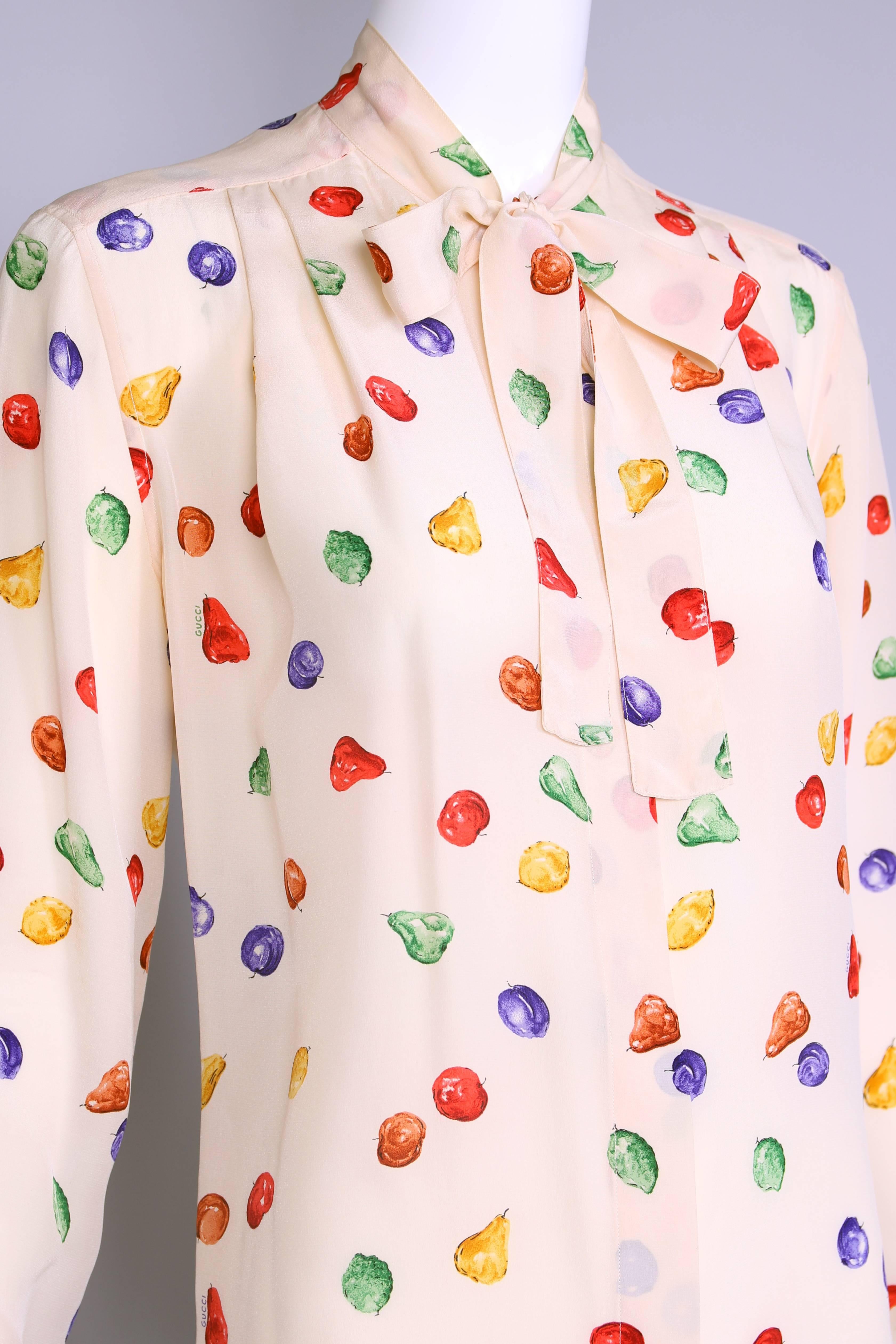 Women's 1970's Gucci Silk Blouse Featuring Print of Multi-Colored Fruit & Neck Ties