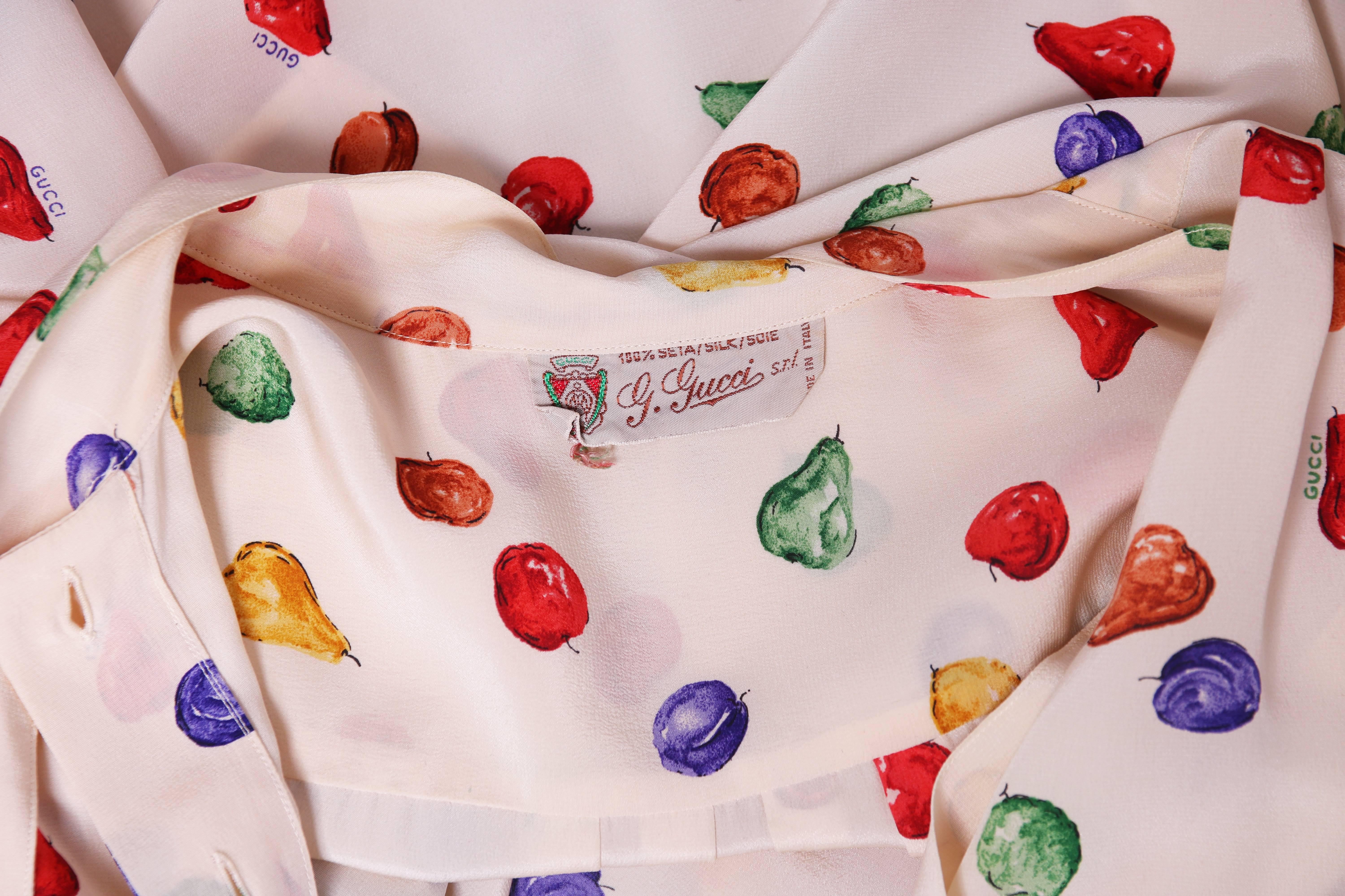 1970's Gucci Silk Blouse Featuring Print of Multi-Colored Fruit & Neck Ties 1