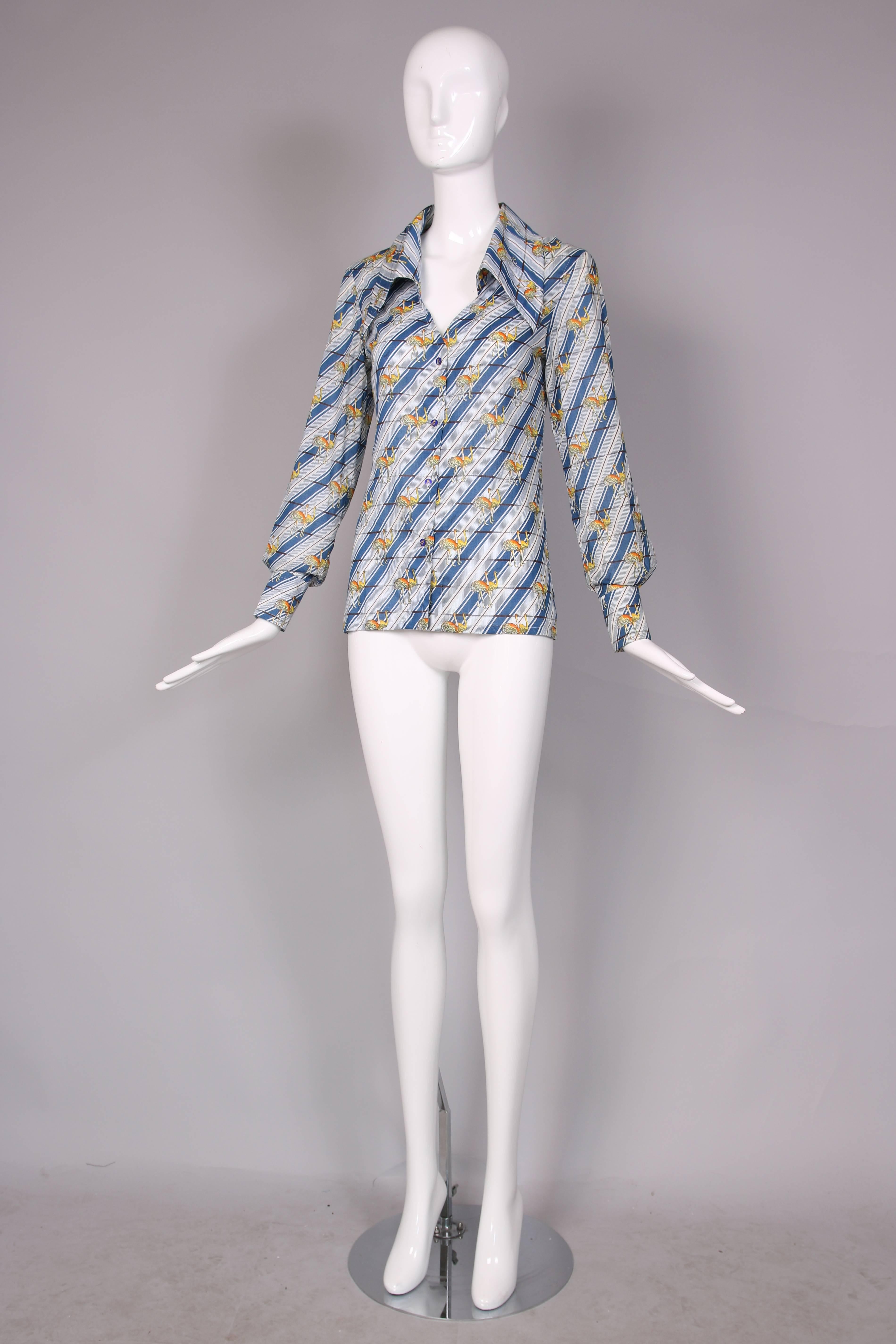 Gray 1970's Gucci Striped Cotton Blouse W/Ostrich Print & Matching Enamel Buttons