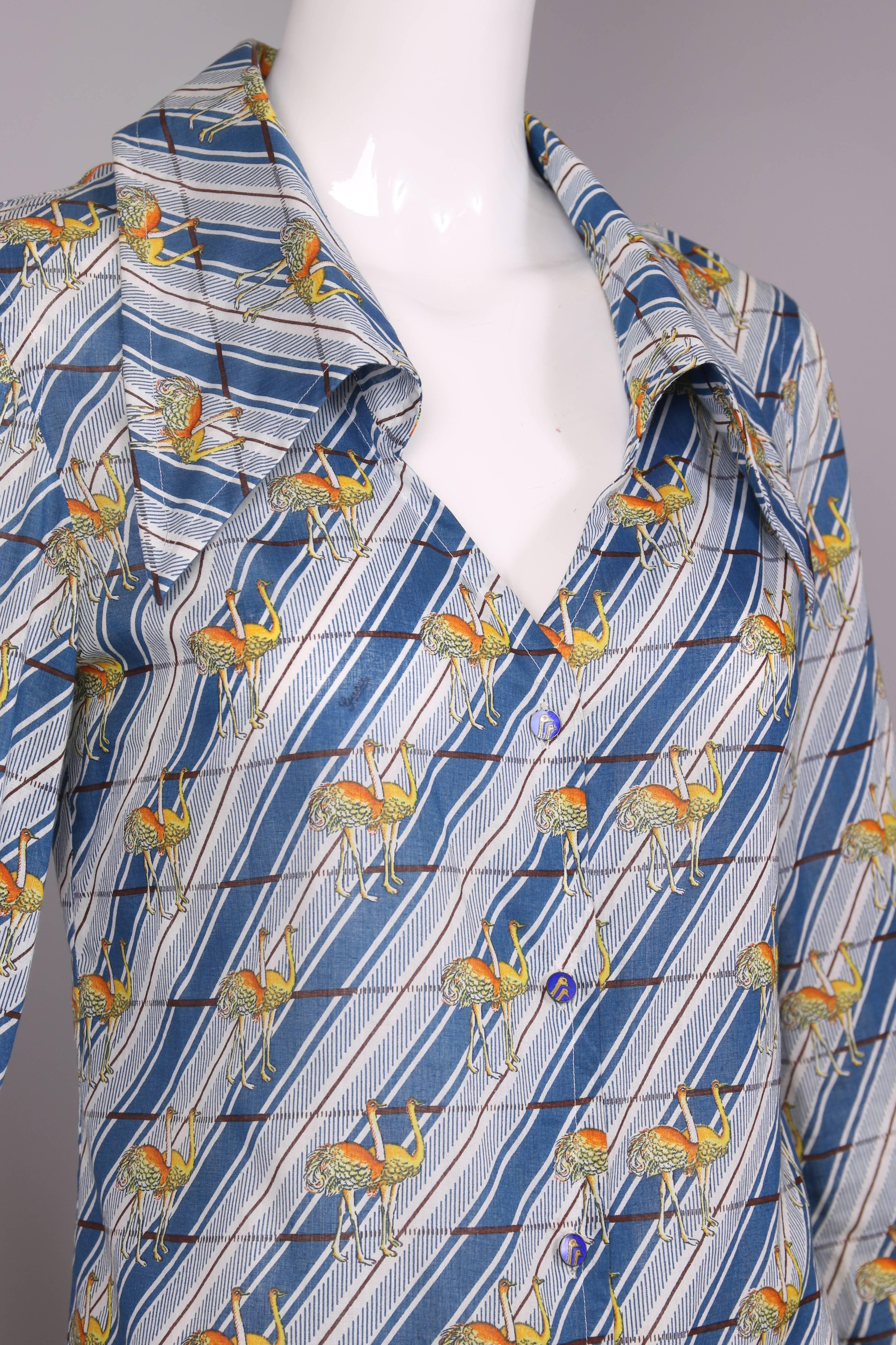 Women's 1970's Gucci Striped Cotton Blouse W/Ostrich Print & Matching Enamel Buttons