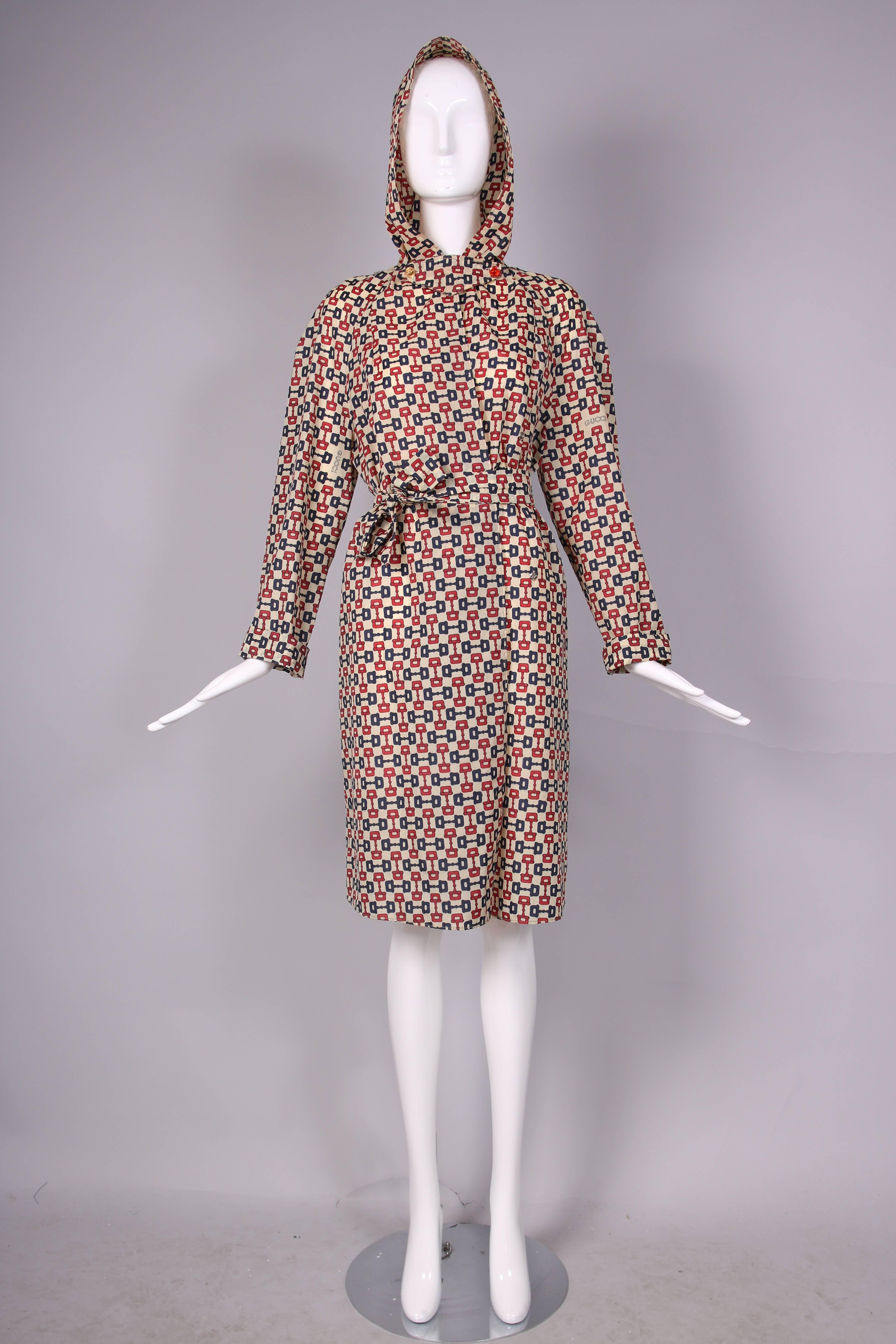 Beige 1970’s Gucci Iconic Horsebit Print Hooded Raincoat W/Belt
