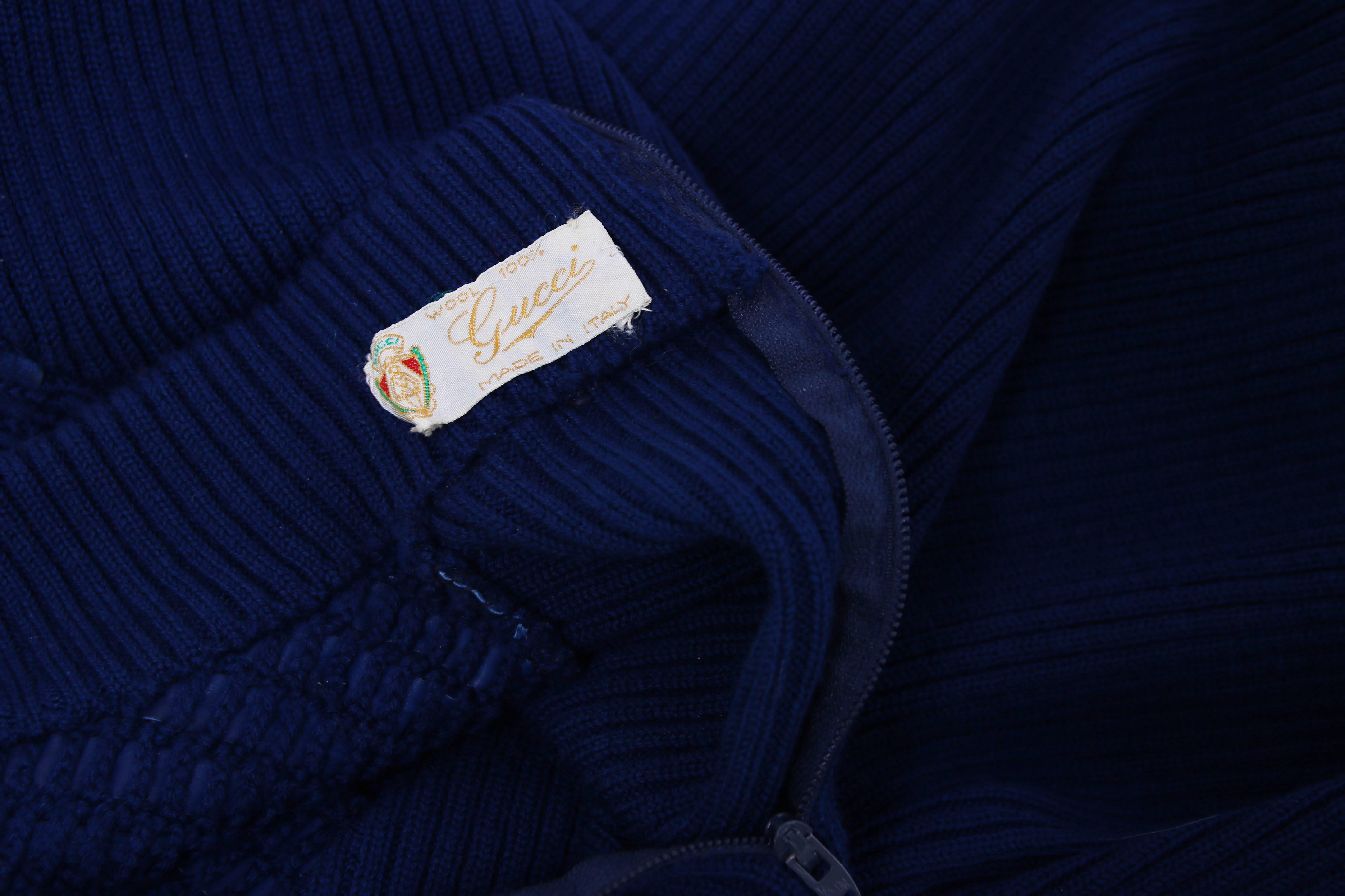 1970's Gucci Blue Mock Turtle Neck Sweater w/Suede Weave For Sale 1