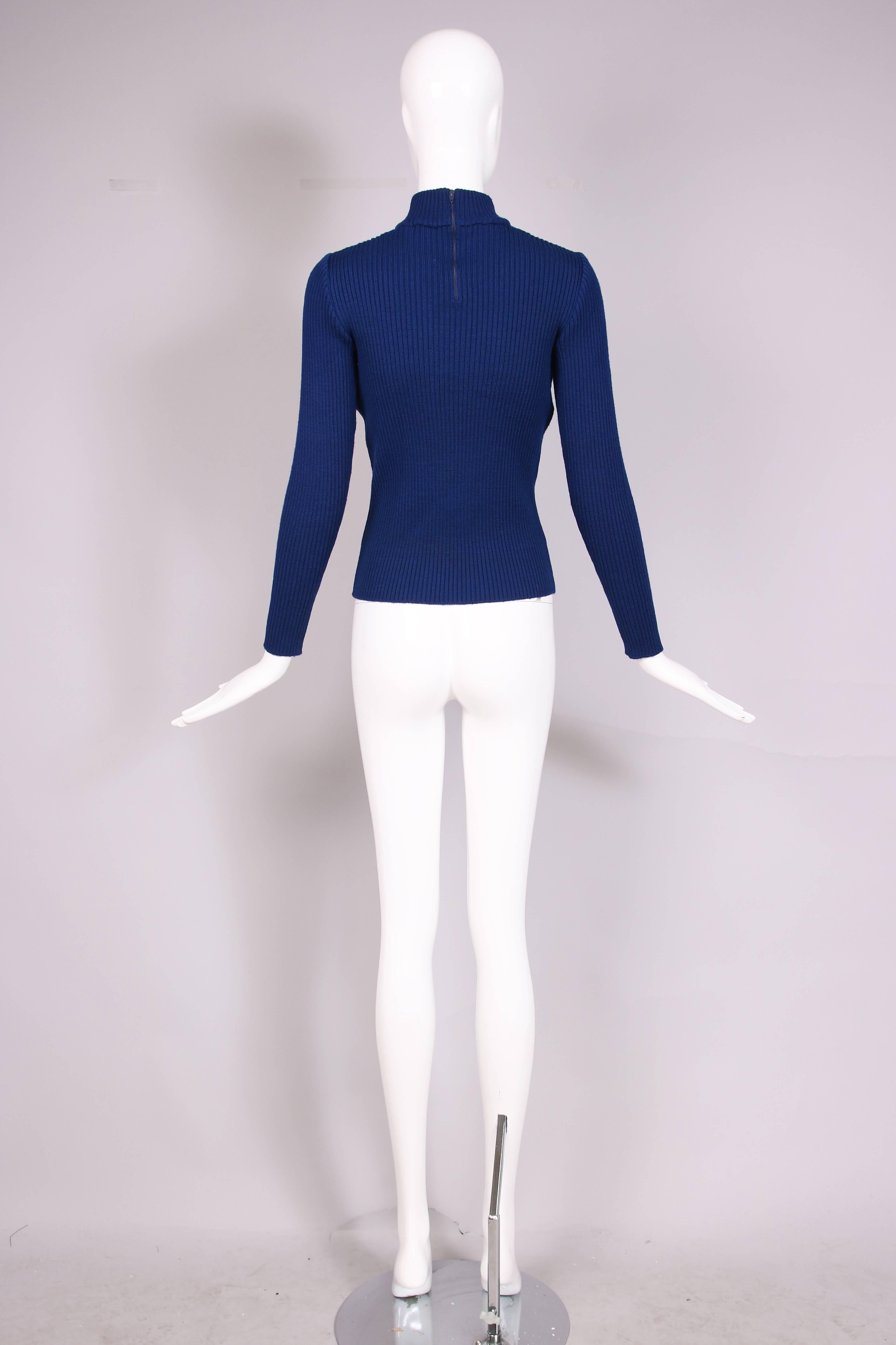 1970's Gucci Blue Mock Turtle Neck Sweater w/Suede Weave In Excellent Condition For Sale In Studio City, CA
