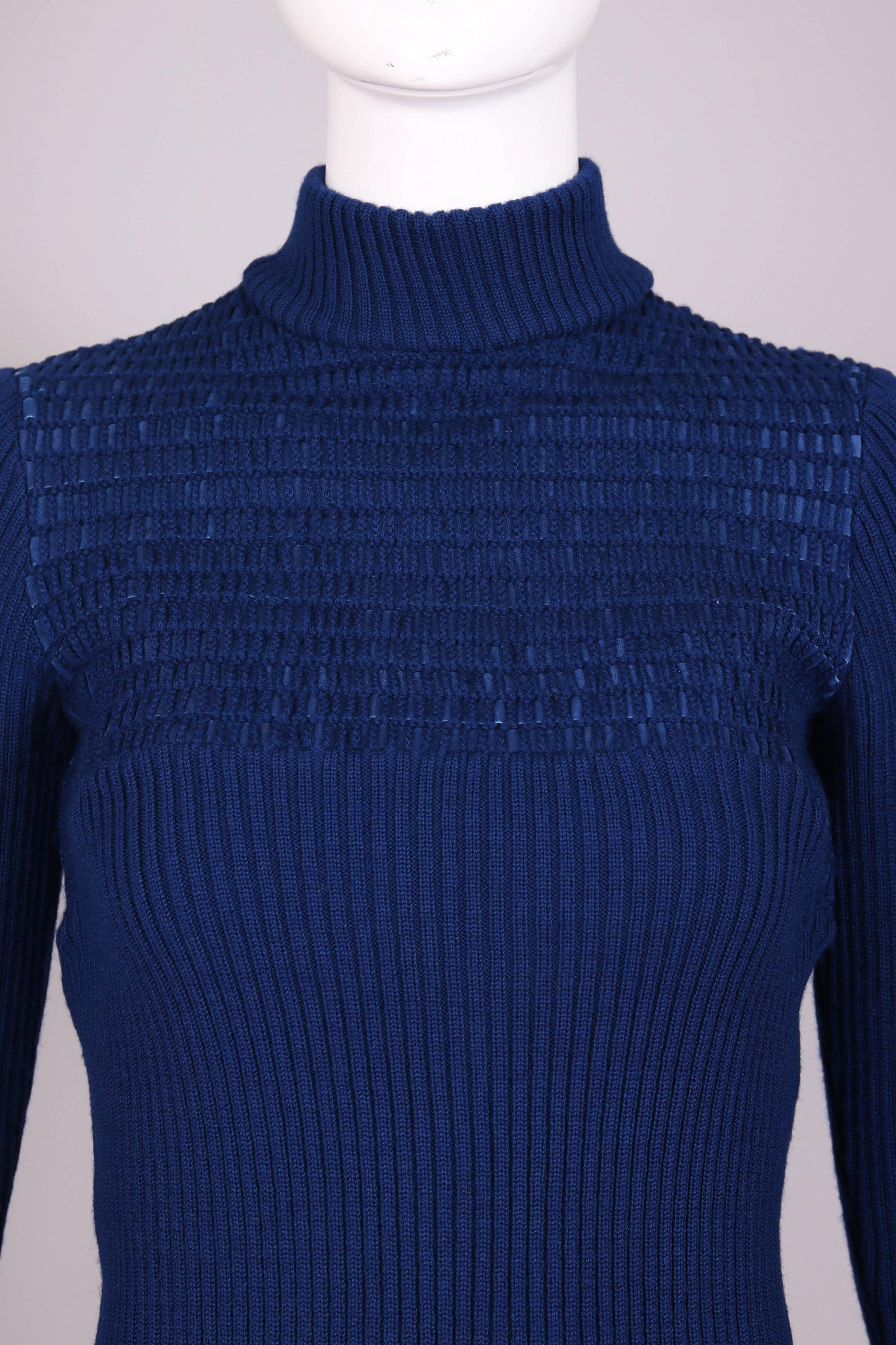 Women's 1970's Gucci Blue Mock Turtle Neck Sweater w/Suede Weave For Sale