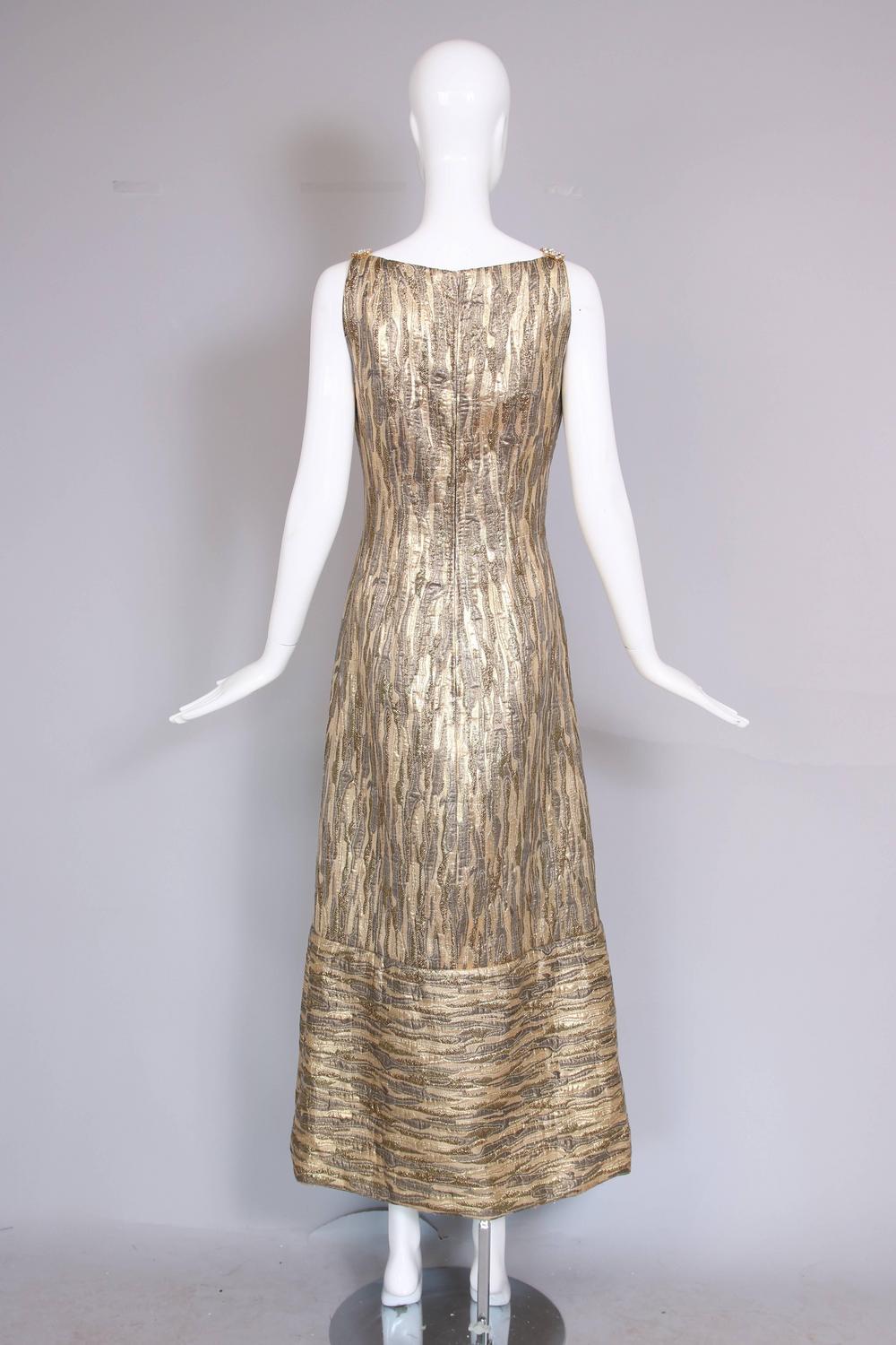 1970's Pauline Trigere Gold and Copper Brocade Evening Gown w ...