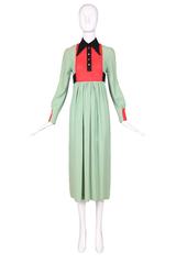 1970's Ossie Clark Moss Moss Crepe Color Block Dress w/High Collar & Sash