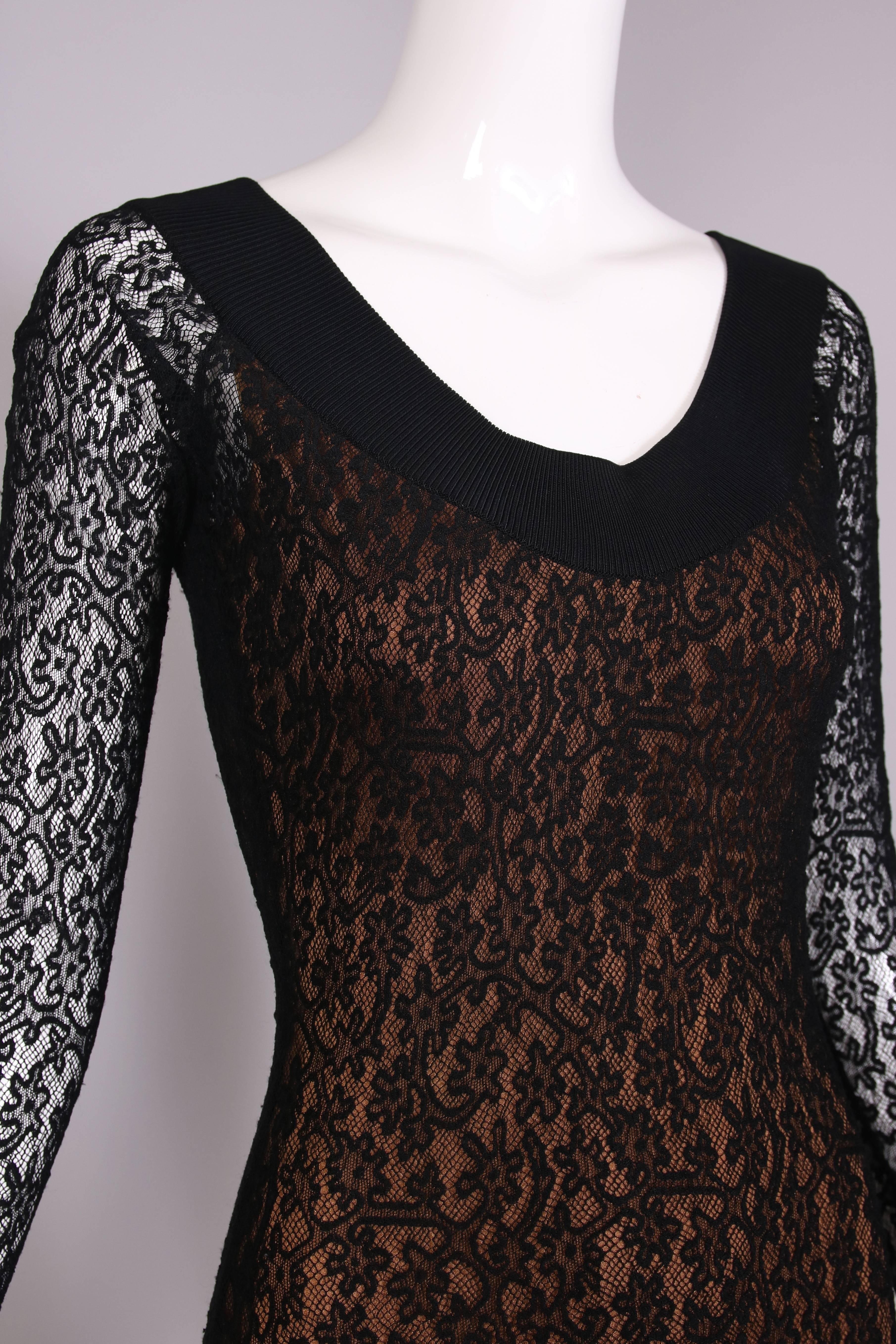 Vintage Alaia Black Lace Bodycon Mini Dress with Sheer Lace Sleeves In Excellent Condition In Studio City, CA