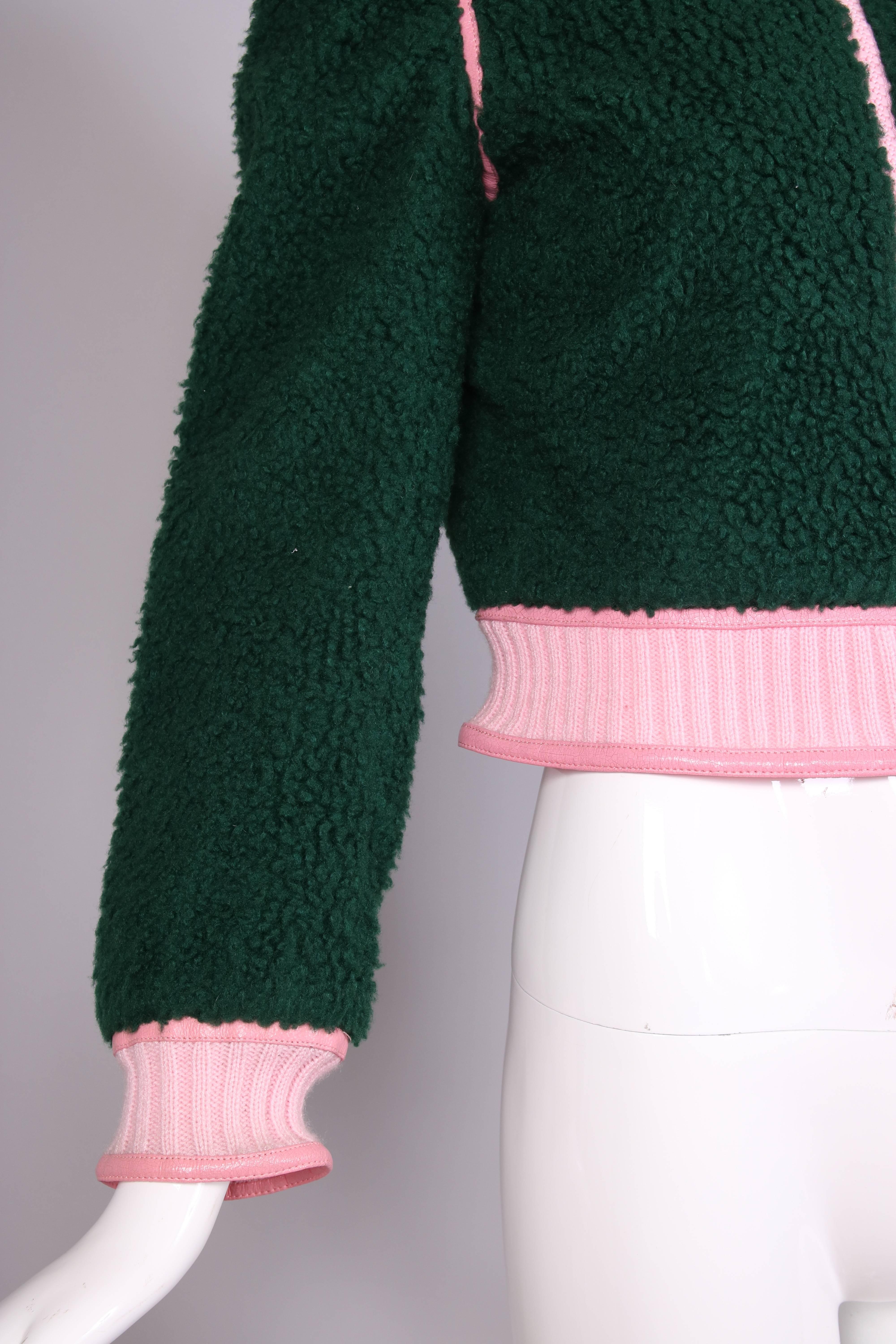 1970's Courreges Green Shearling Jacket W/Pink Leather & Knit Trim 1