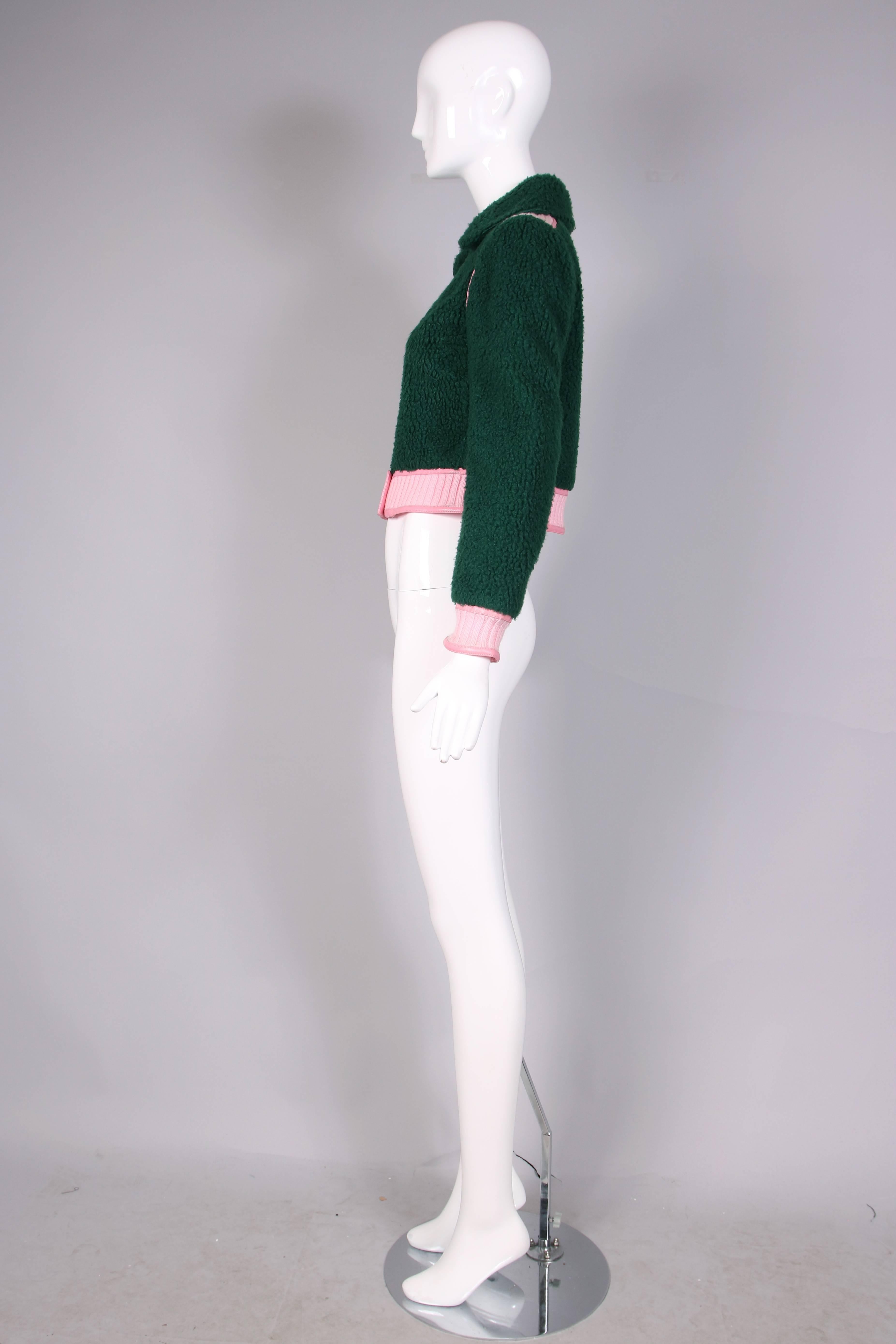 1970's Courreges Green Shearling Jacket W/Pink Leather & Knit Trim In Excellent Condition In Studio City, CA