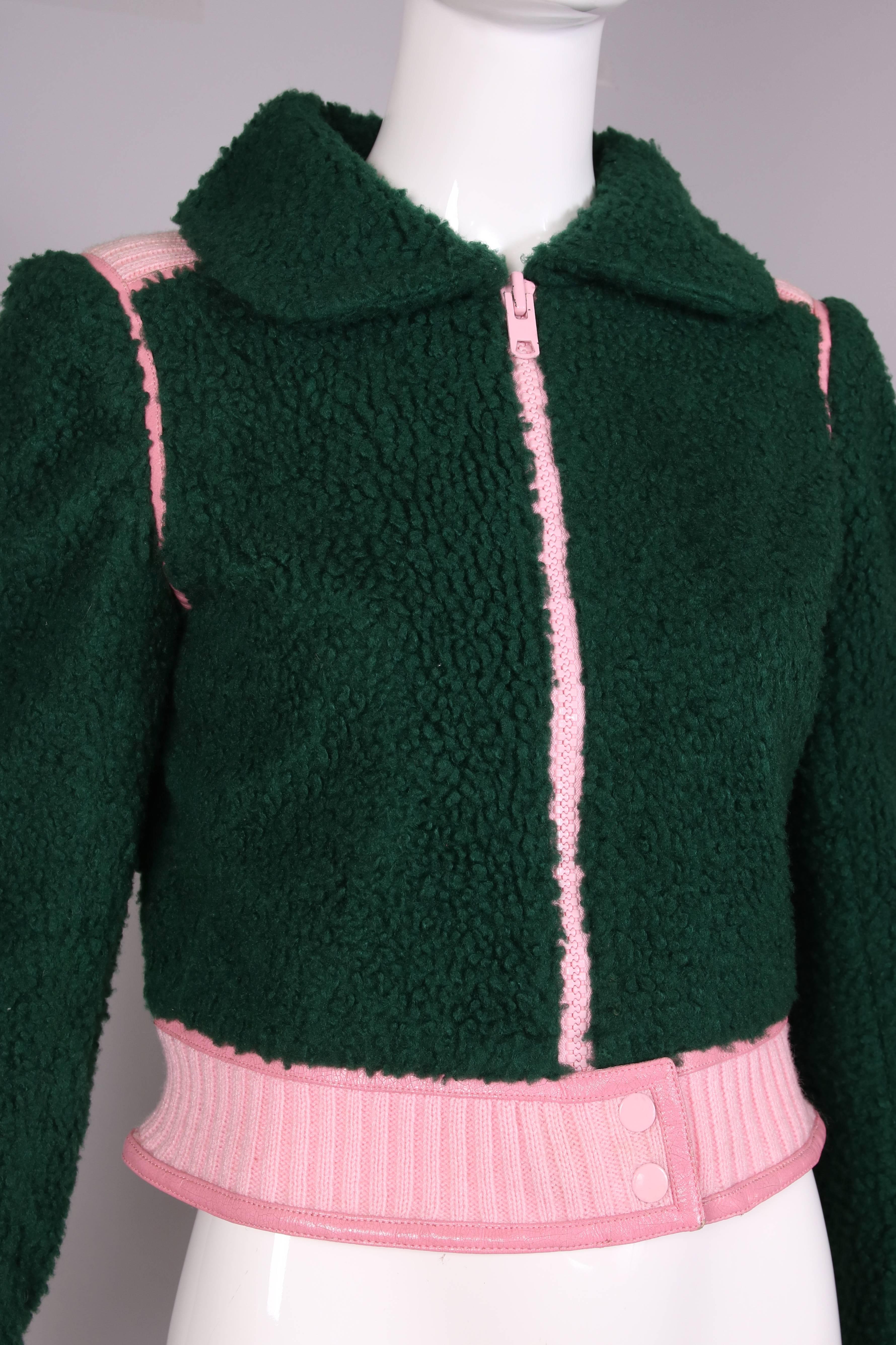 Women's 1970's Courreges Green Shearling Jacket W/Pink Leather & Knit Trim