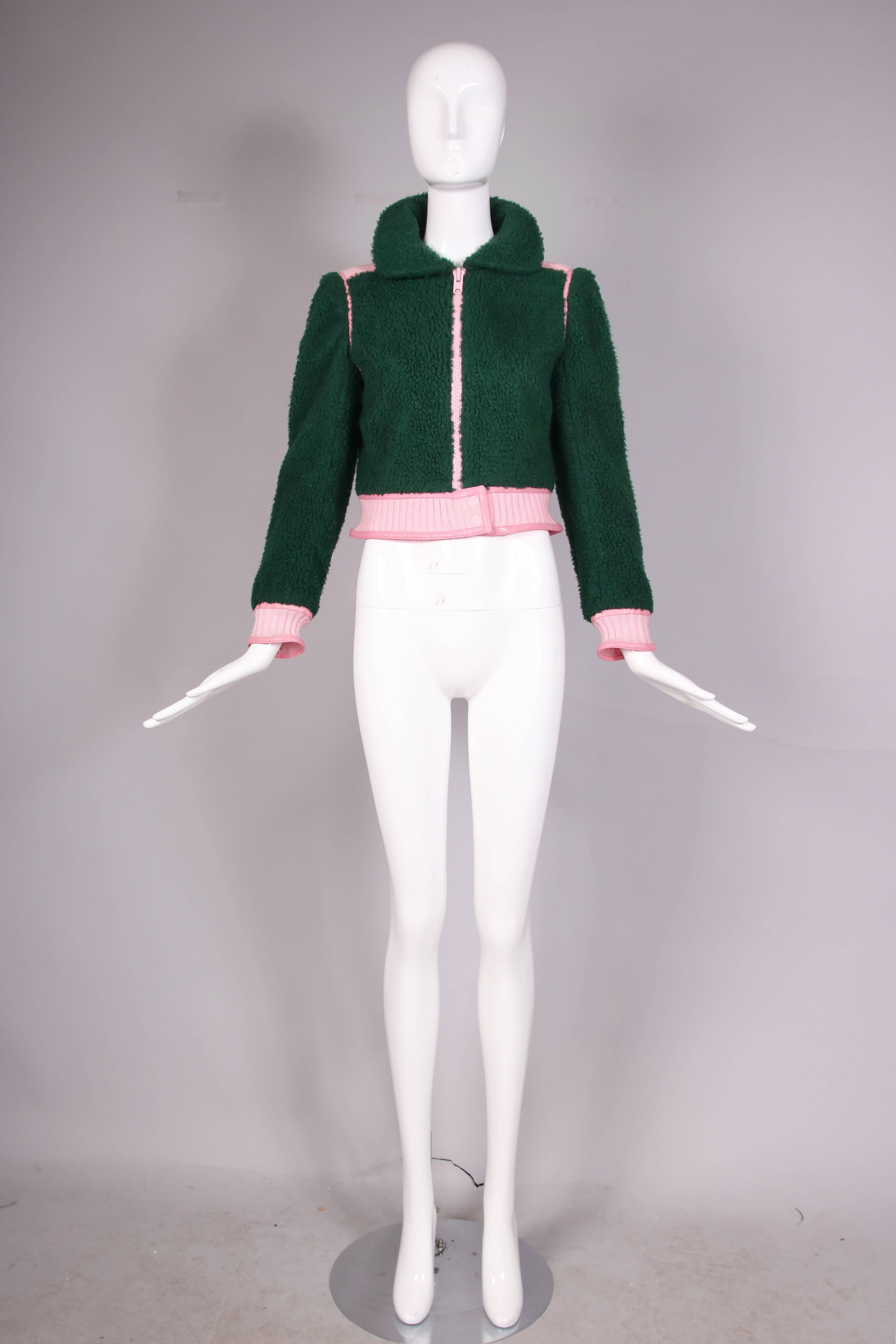 Black 1970's Courreges Green Shearling Jacket W/Pink Leather & Knit Trim