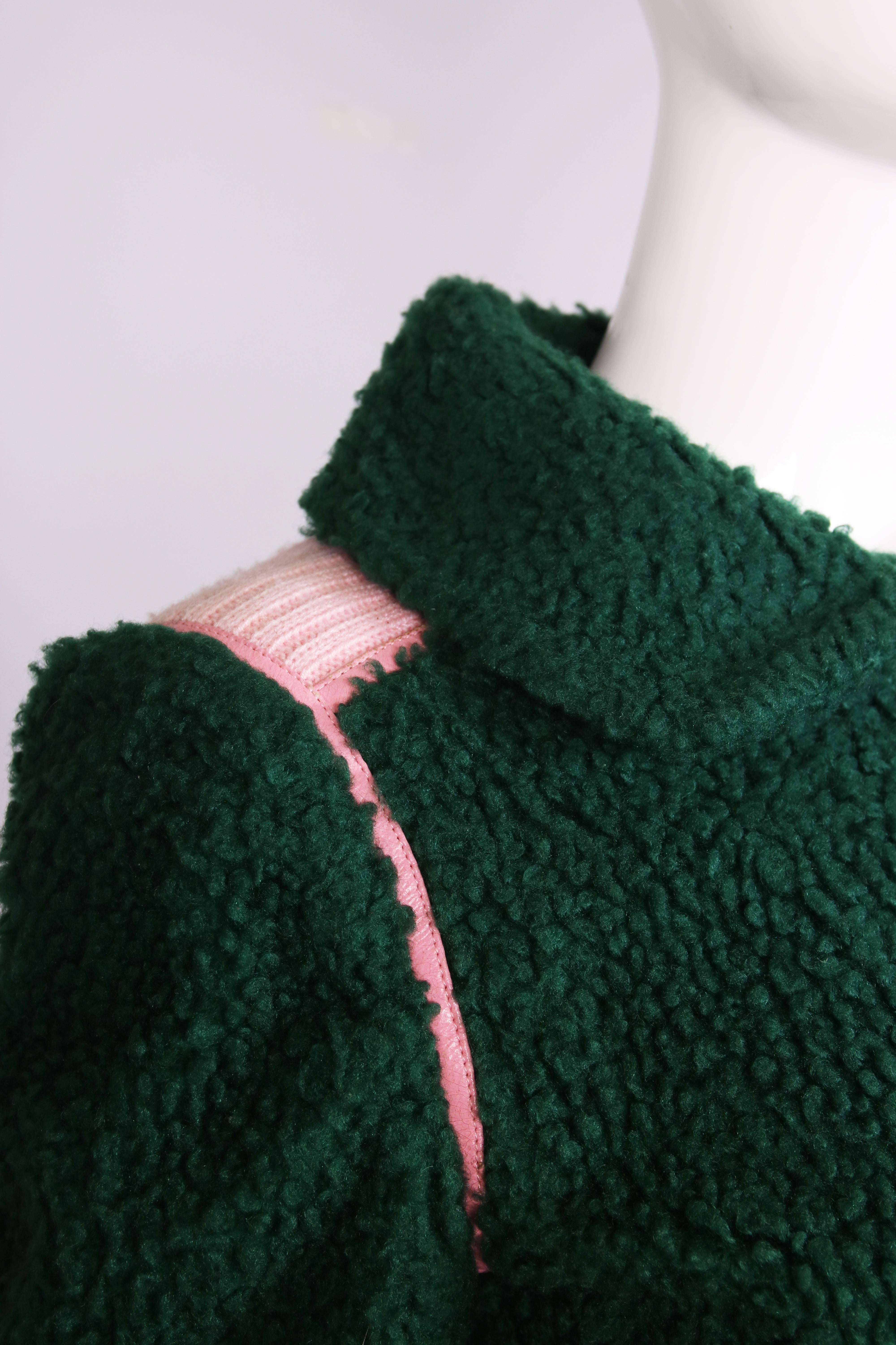 1970's Courreges Green Shearling Jacket W/Pink Leather & Knit Trim 2