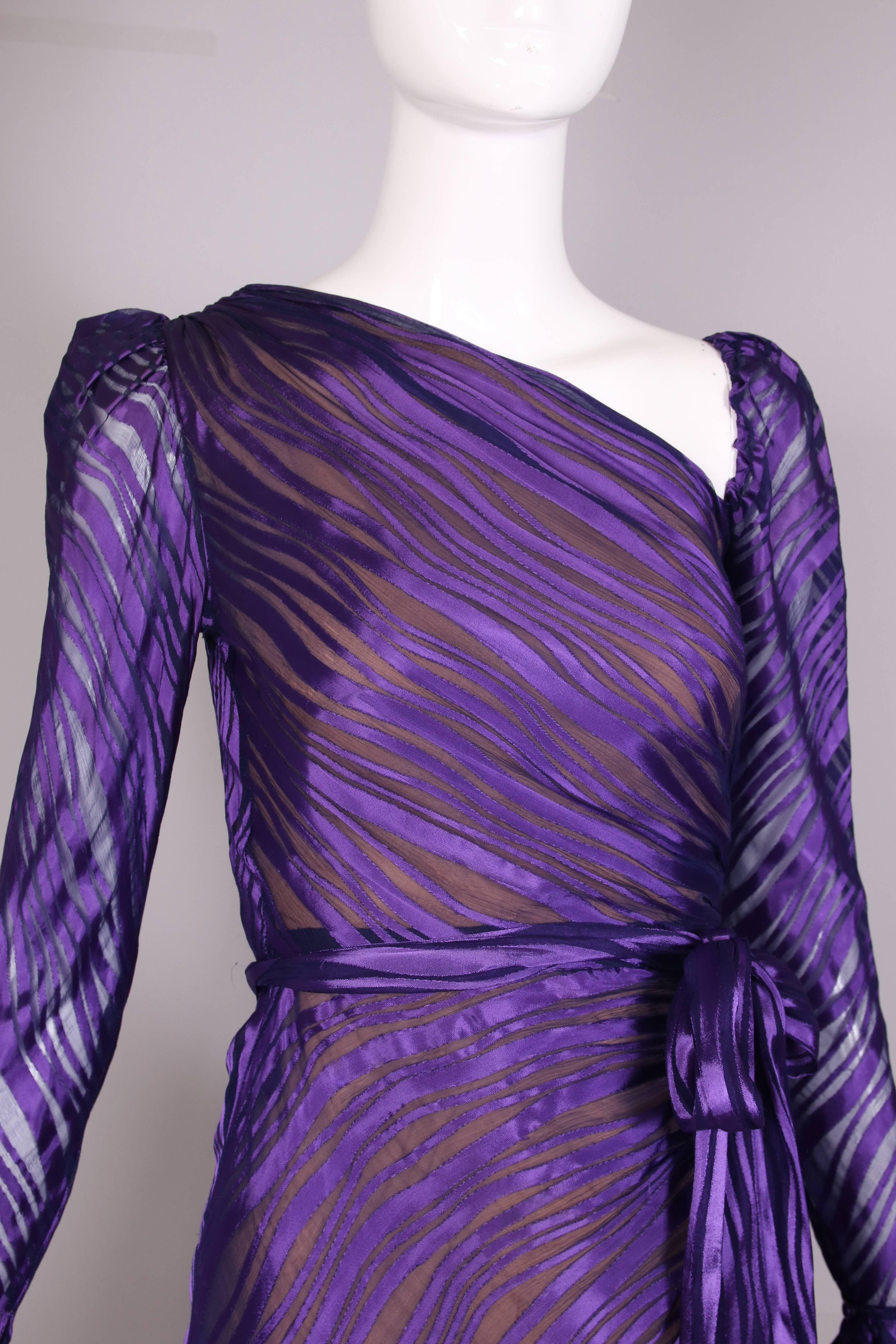 1970's Yves Saint Laurent YSL Royal Purple Sheer Silk Damask Gown 2
