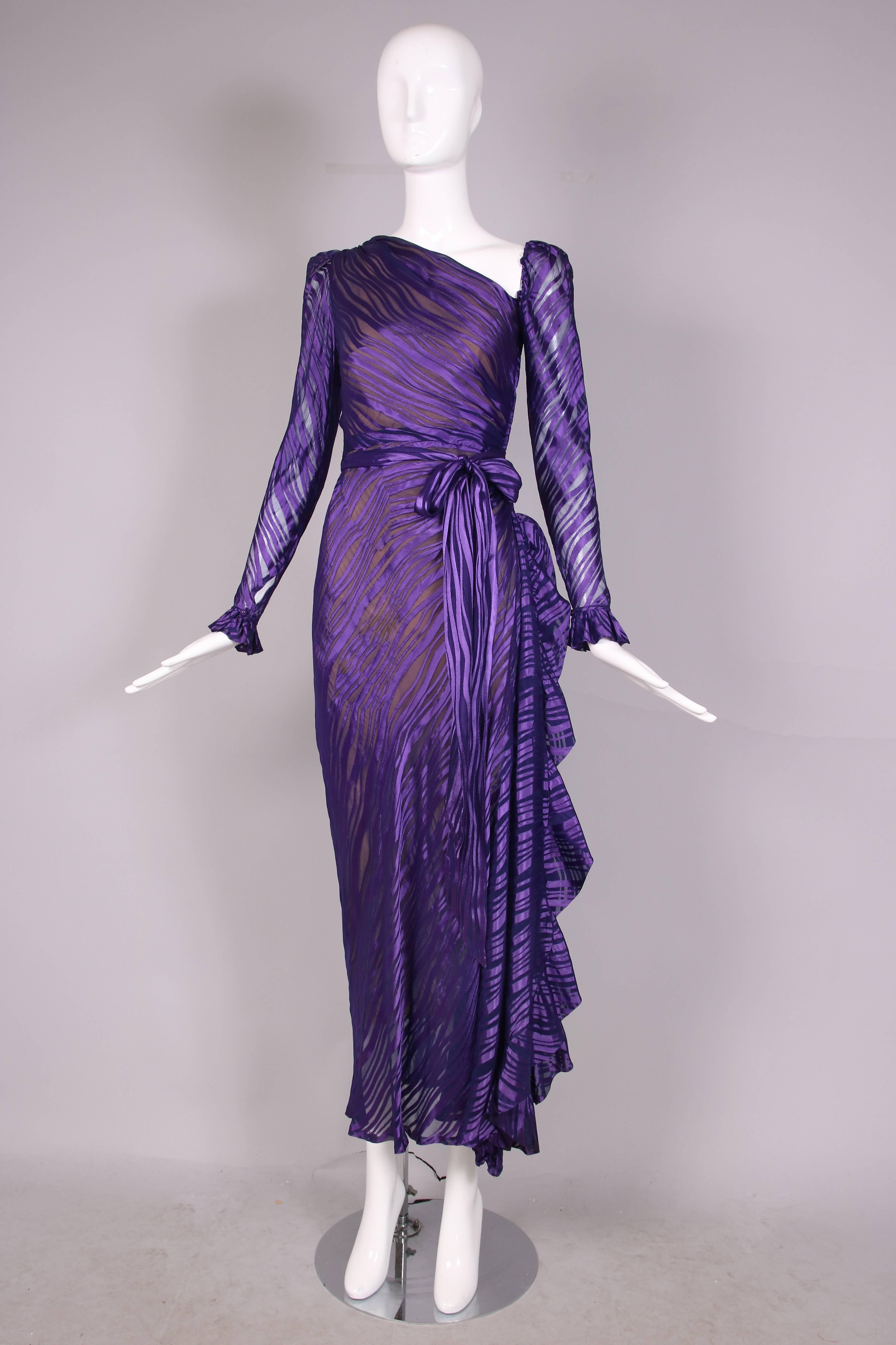1970's Yves Saint Laurent YSL Royal Purple Sheer Silk Damask Gown In Excellent Condition In Studio City, CA