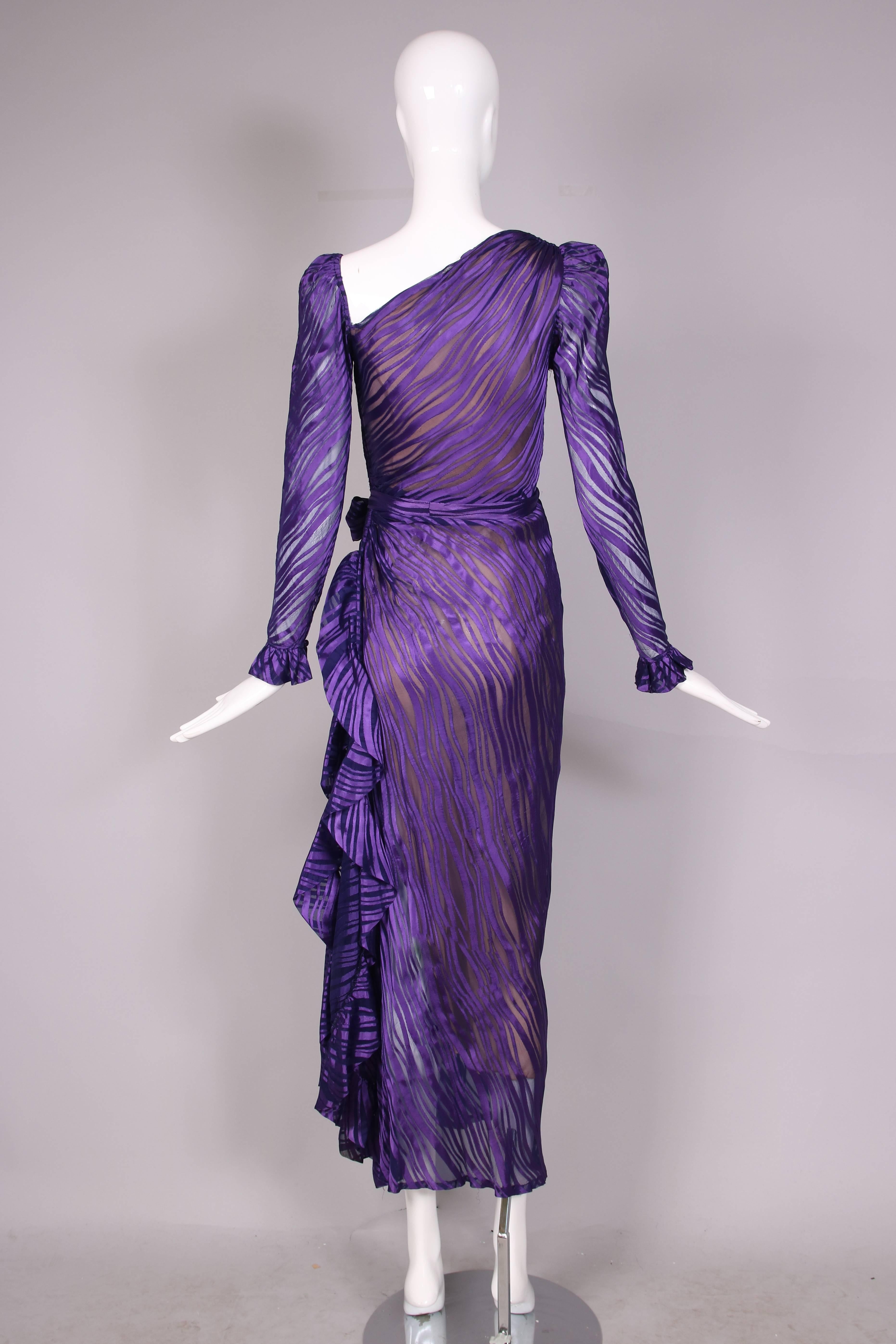 1970's Yves Saint Laurent YSL Royal Purple Sheer Silk Damask Gown 1