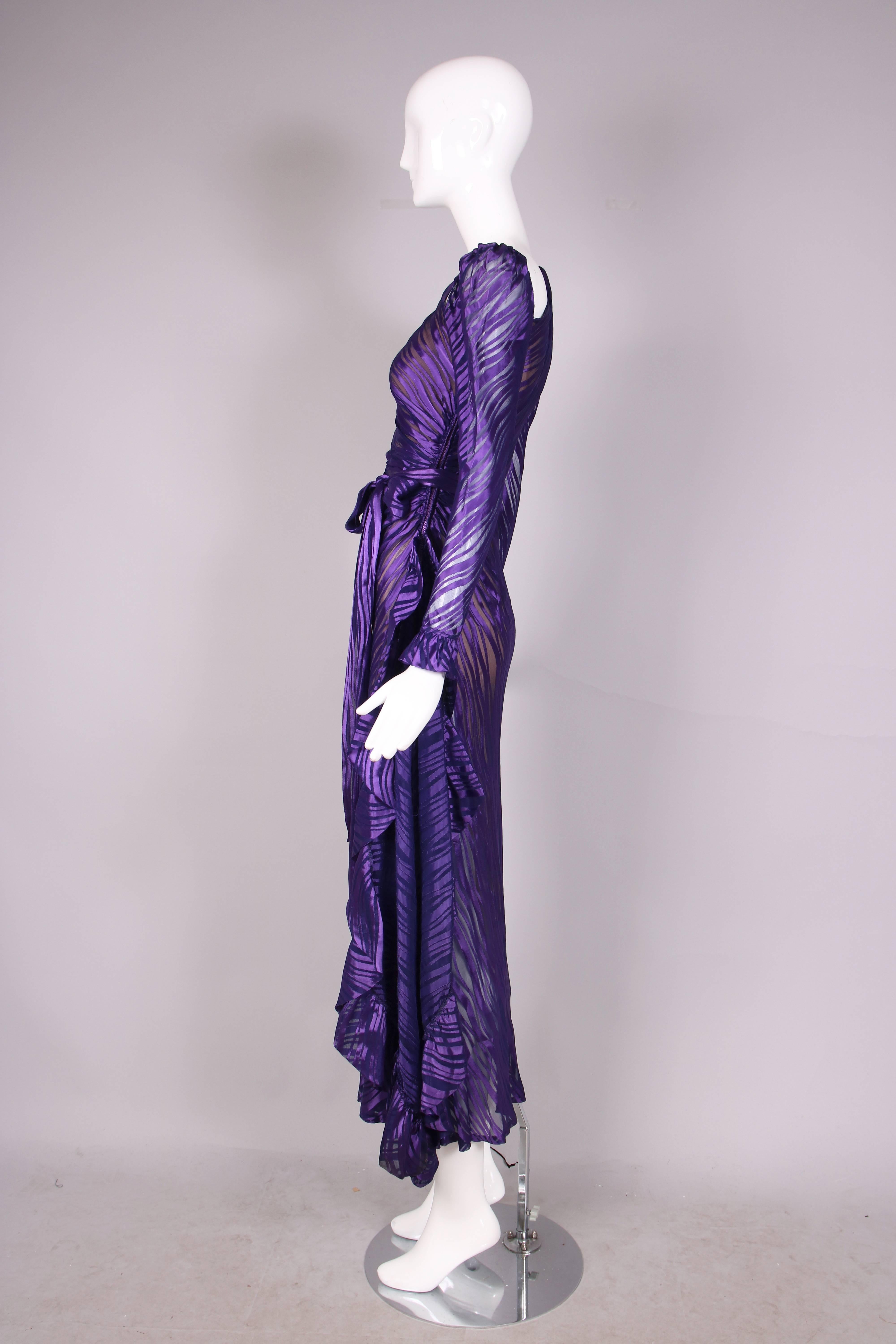 Women's 1970's Yves Saint Laurent YSL Royal Purple Sheer Silk Damask Gown