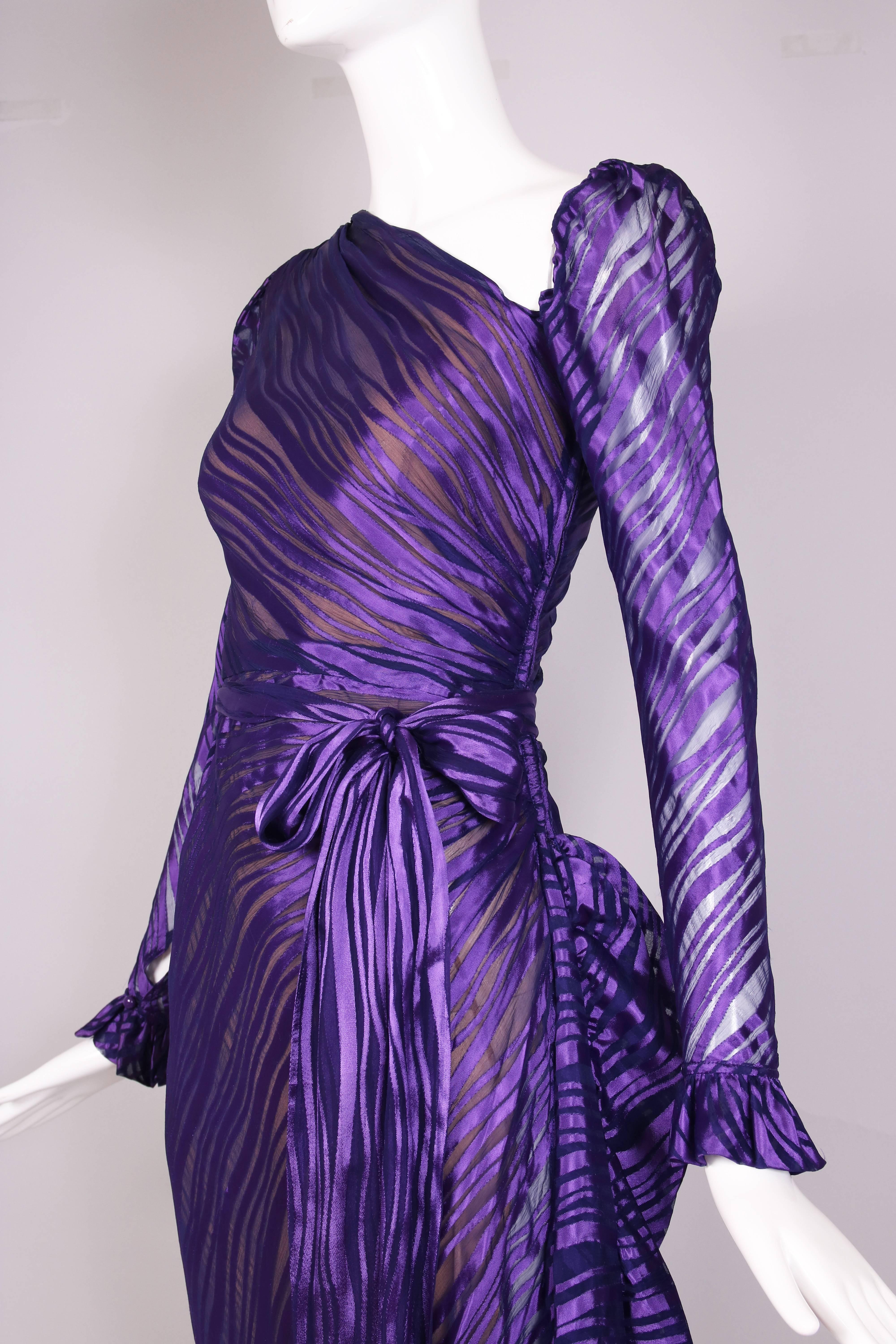 1970's Yves Saint Laurent YSL Royal Purple Sheer Silk Damask Gown 3