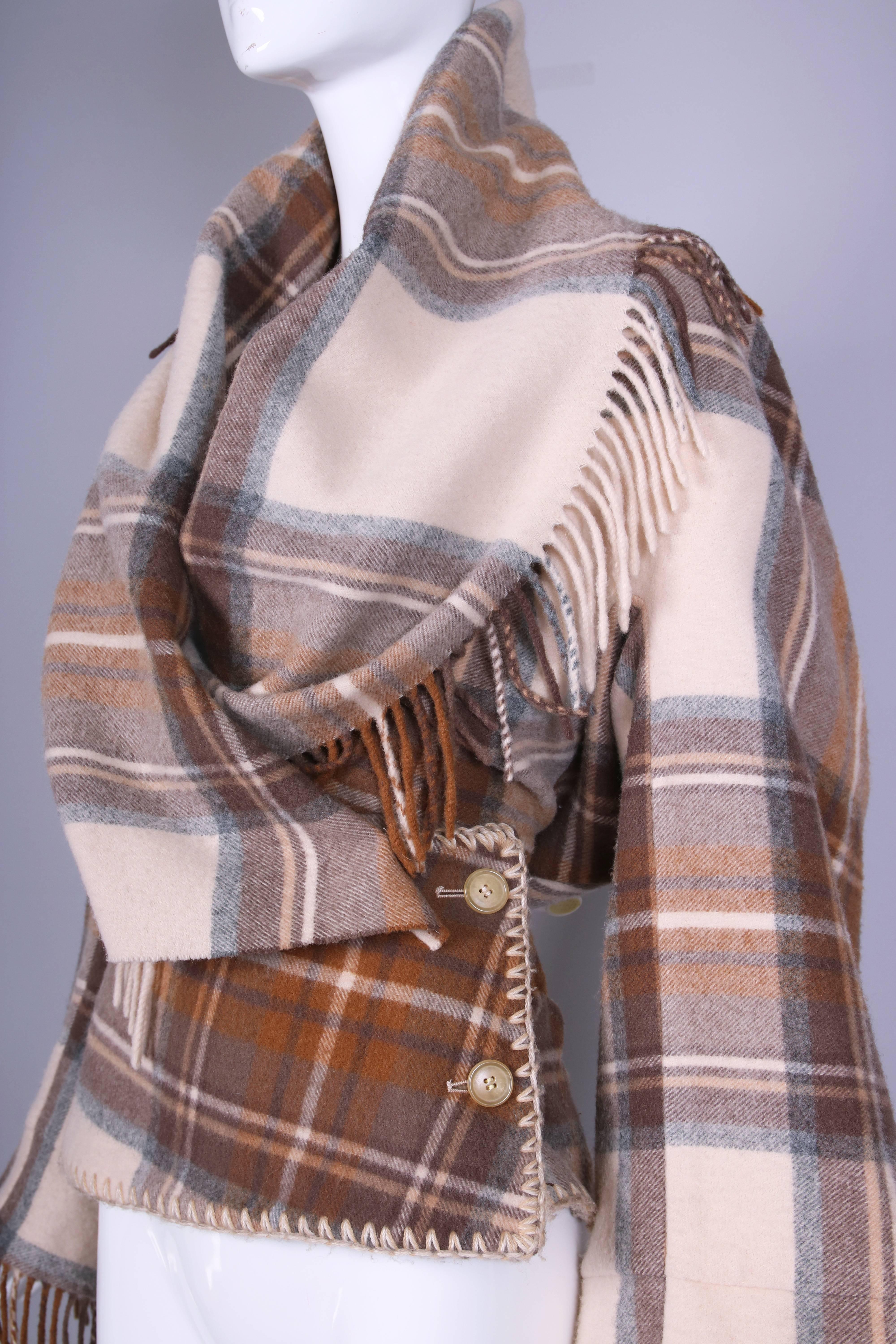 2005 Alexander McQueen Plaid Shawl Jacket W/Fringe At Hem & Fitted Waist In Excellent Condition In Studio City, CA