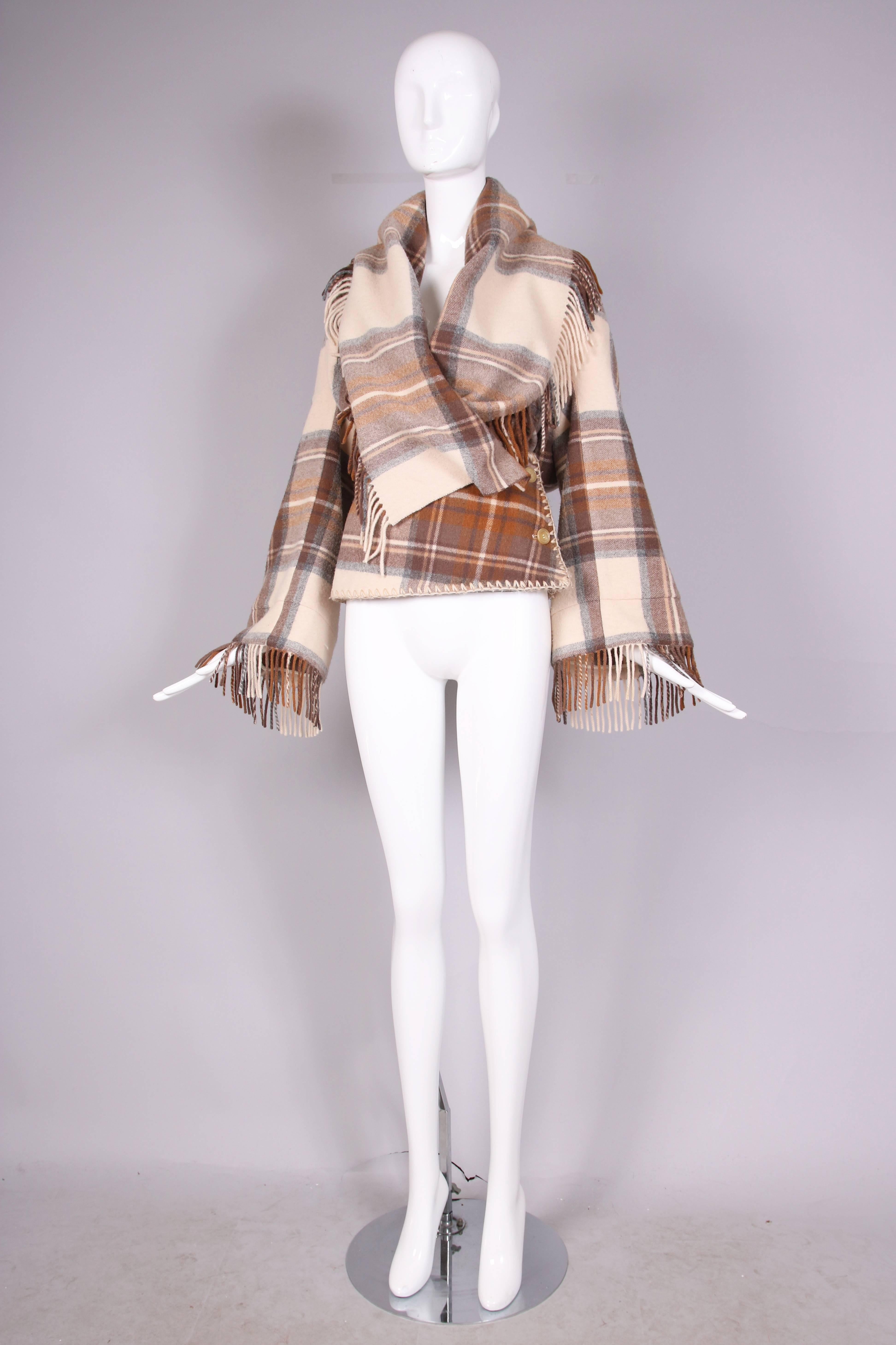 2005 Alexander McQueen fleece wool plaid shawl jacket in camel, cream and beige from the, 