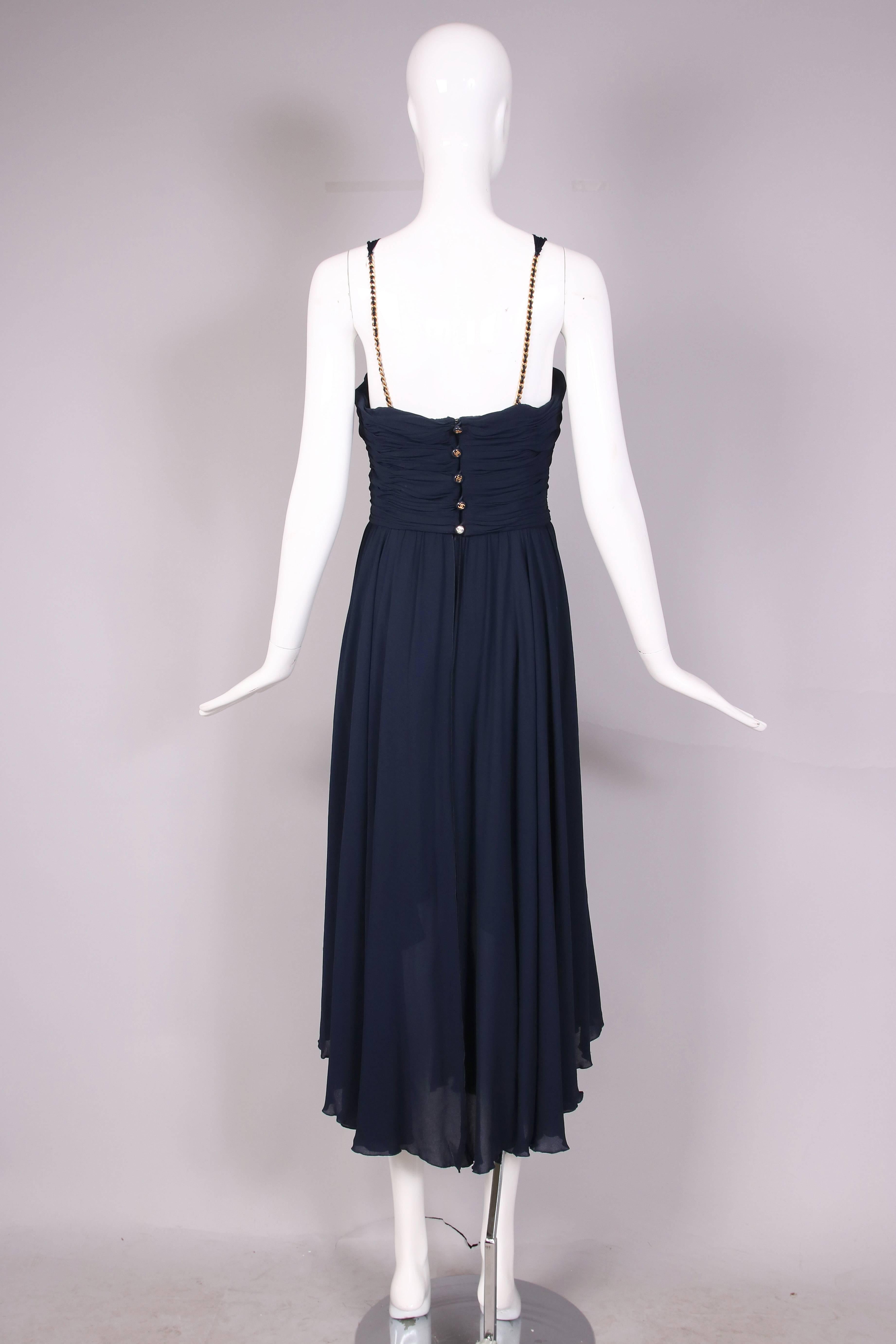 Vintage Chanel Navy Crepe Layered Evening Gown w/Leather & Chain Straps In Excellent Condition In Studio City, CA