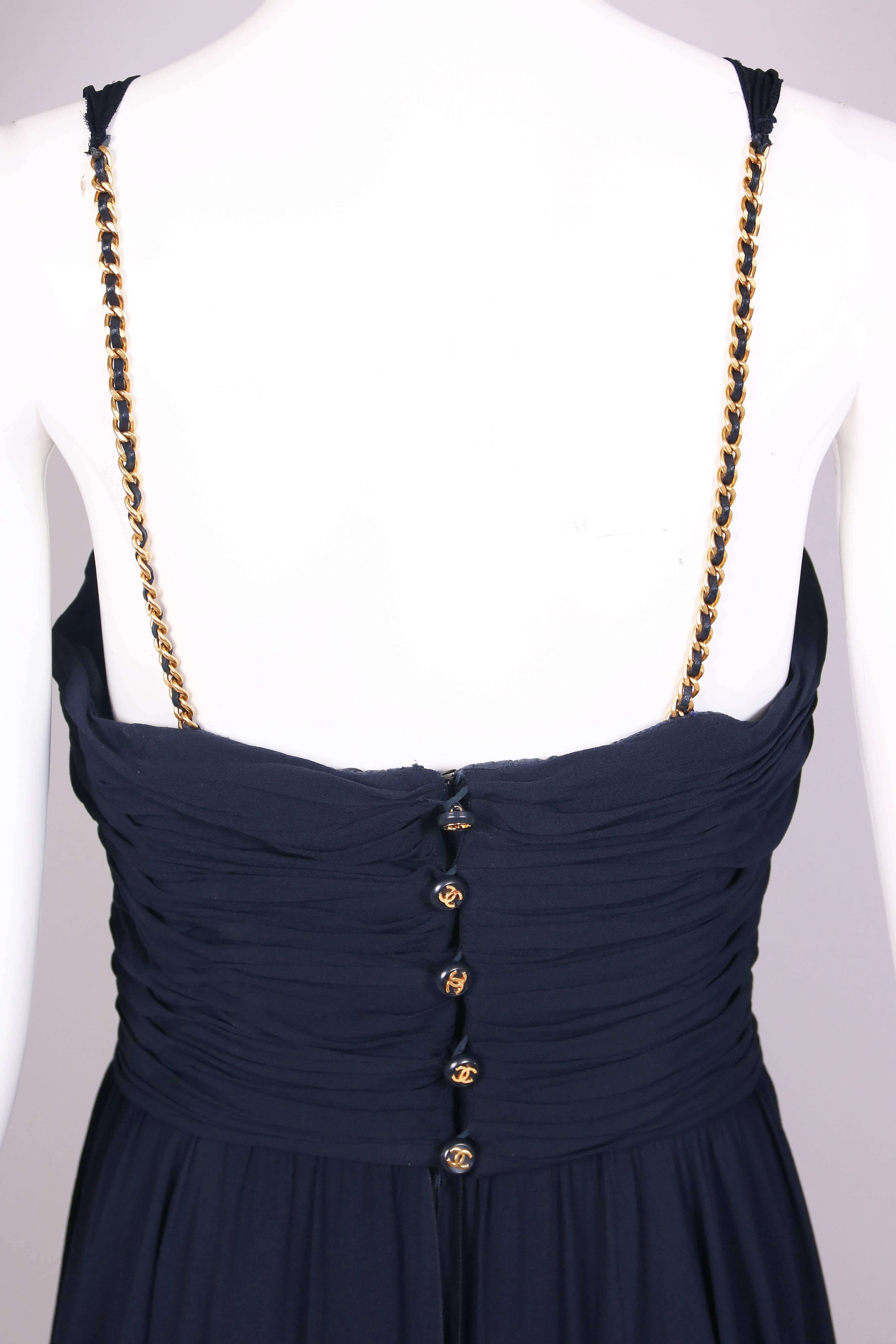 Women's Vintage Chanel Navy Crepe Layered Evening Gown w/Leather & Chain Straps