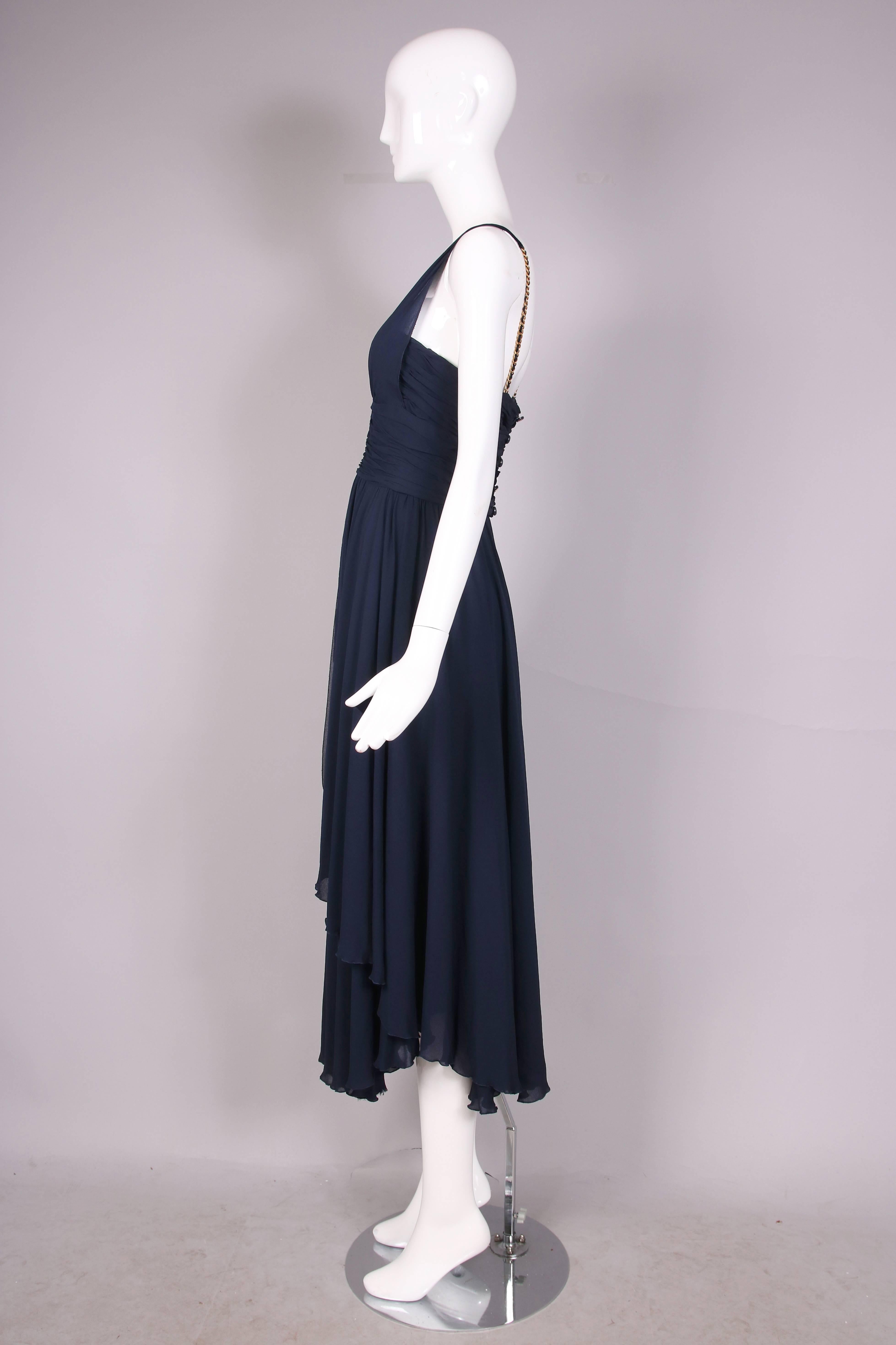 Black Vintage Chanel Navy Crepe Layered Evening Gown w/Leather & Chain Straps