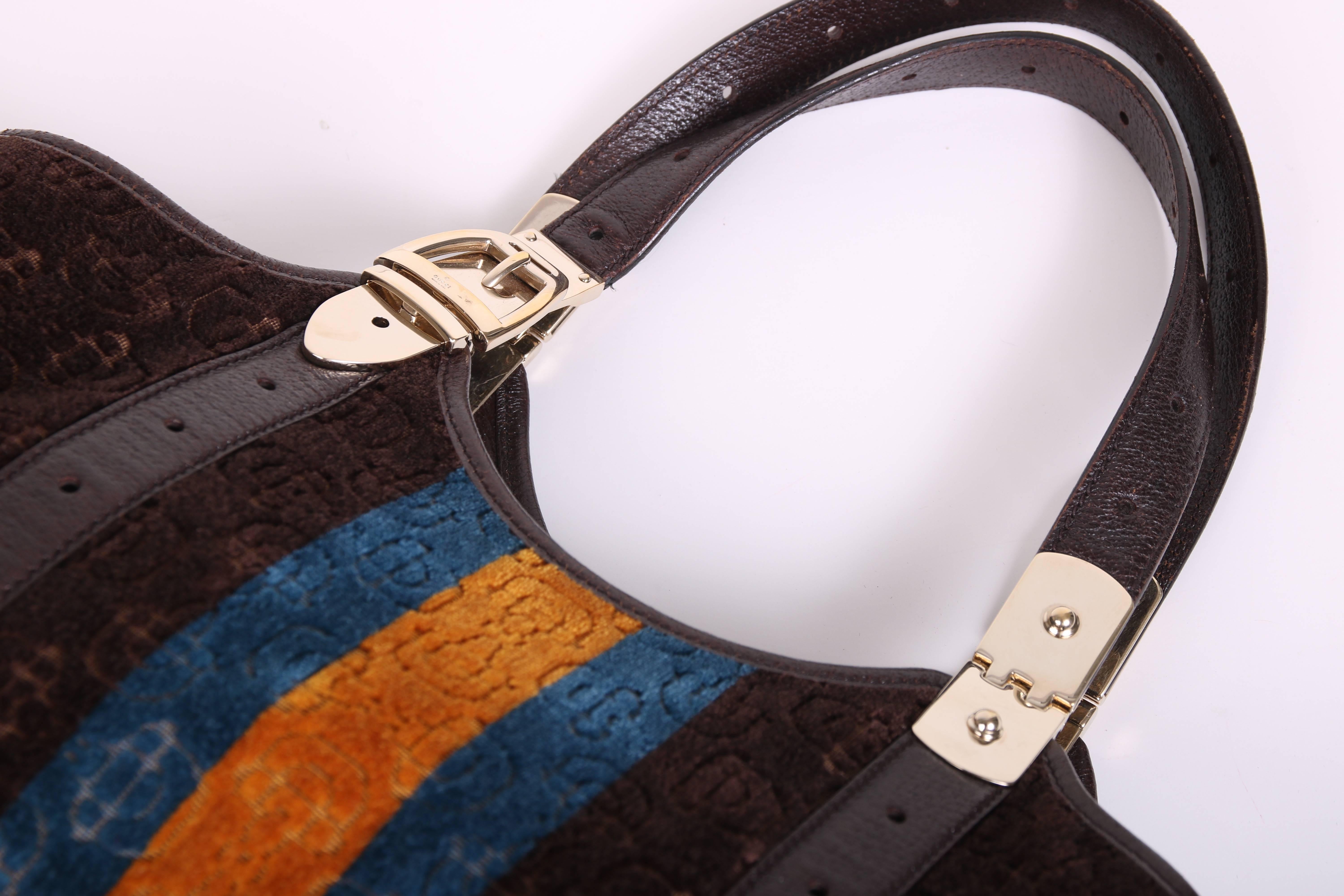 Black Gucci Horse Bit Logo Cut Velvet Handbag w/Leather Trim & Gold Tone Hardware