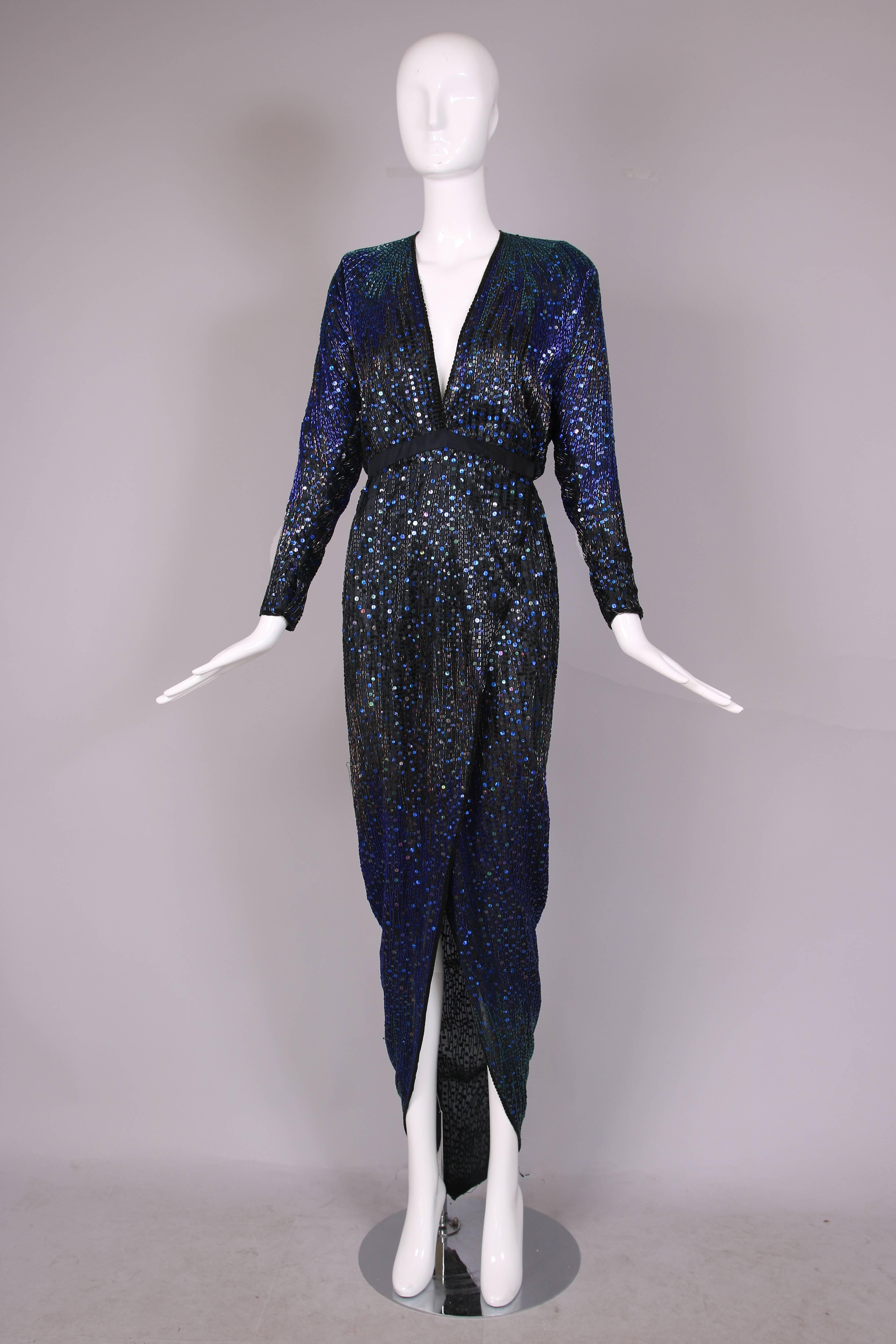 Black 1970's Halston Deep V-Neck Beaded & Sequined Silk Evening Gown w/Long Sleeves