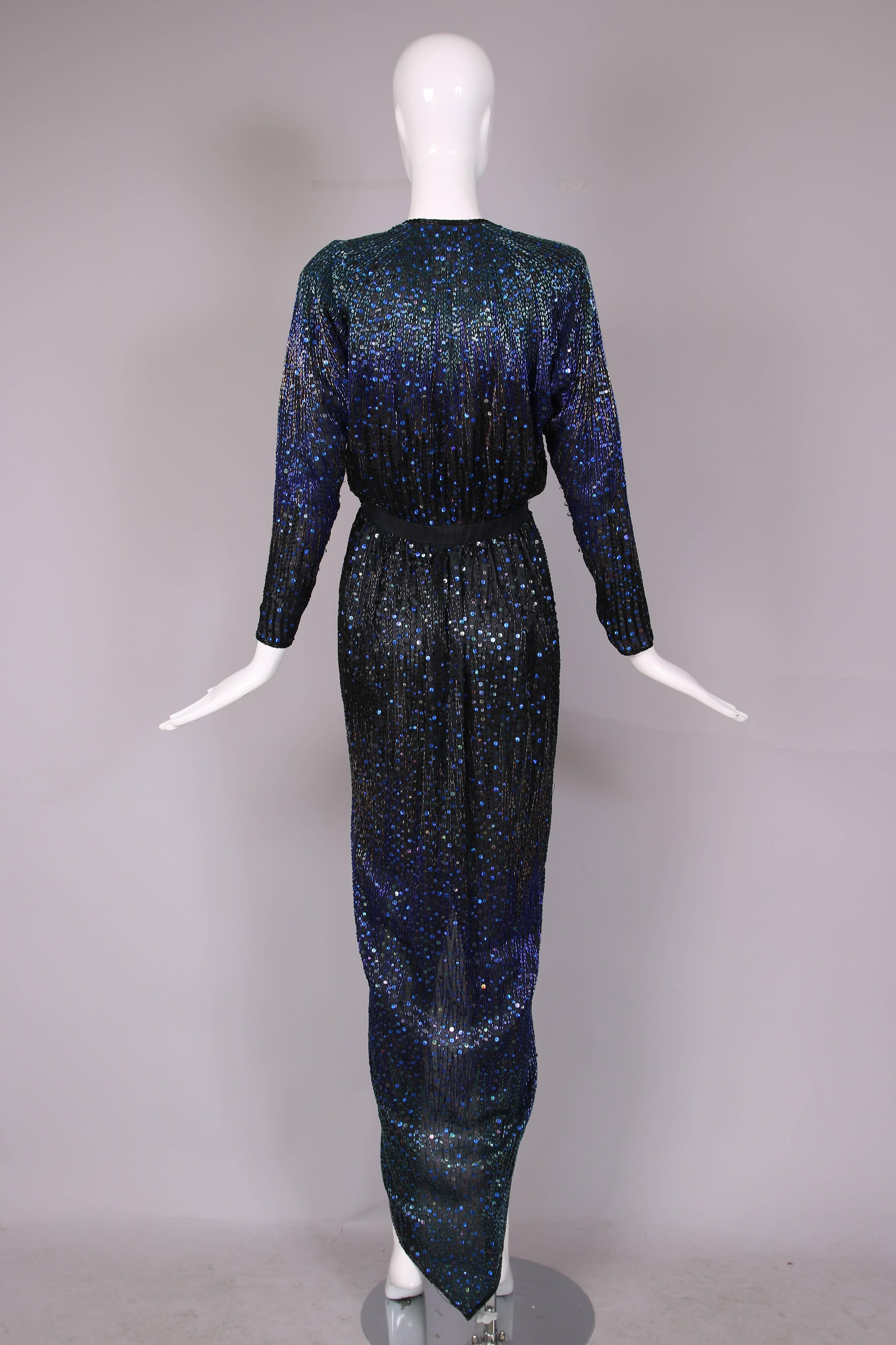 Women's 1970's Halston Deep V-Neck Beaded & Sequined Silk Evening Gown w/Long Sleeves