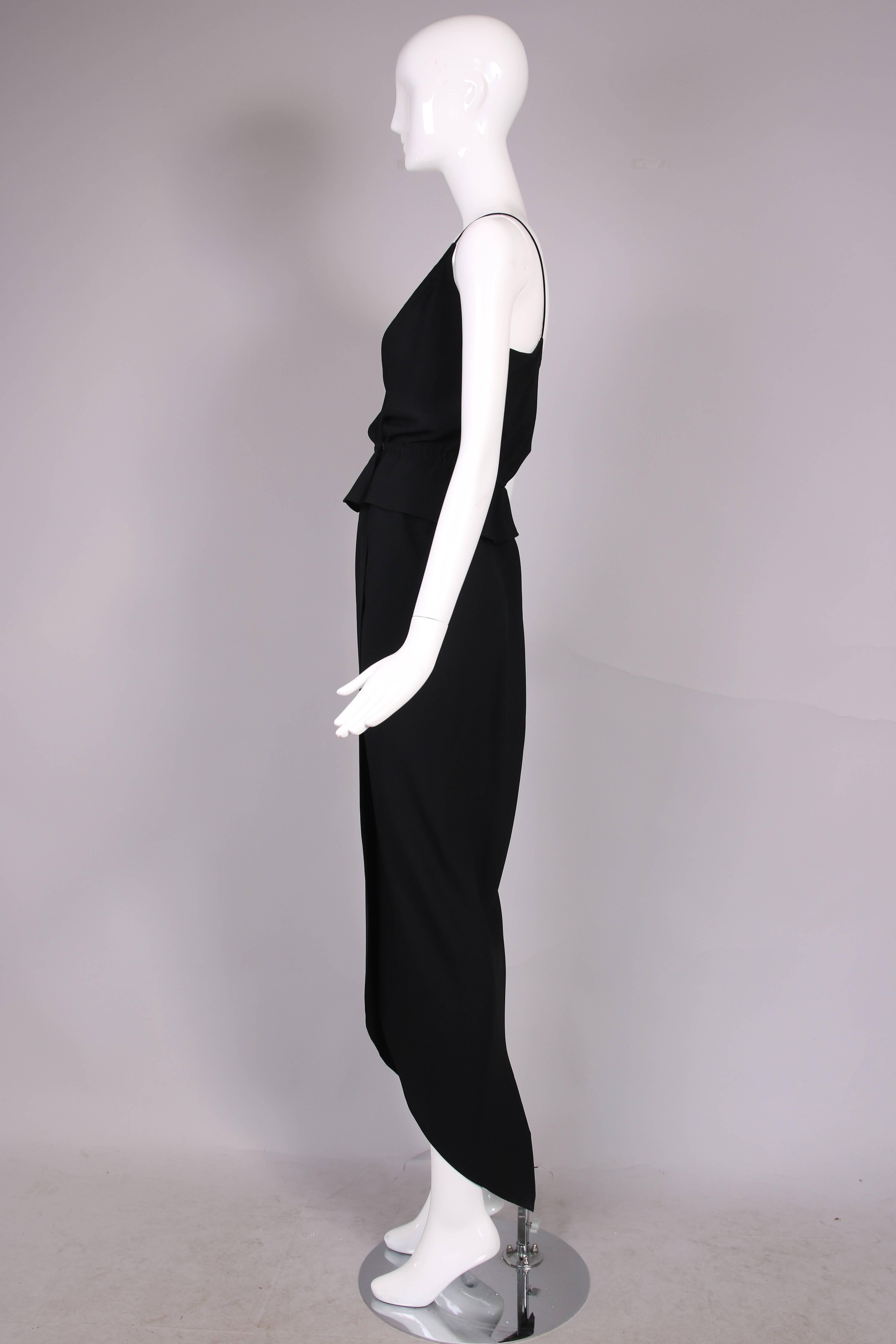 1970's Halston Black Silk Crepe Tulip Wrap Skirt & Low V-Neck Top Ensemble In Excellent Condition In Studio City, CA