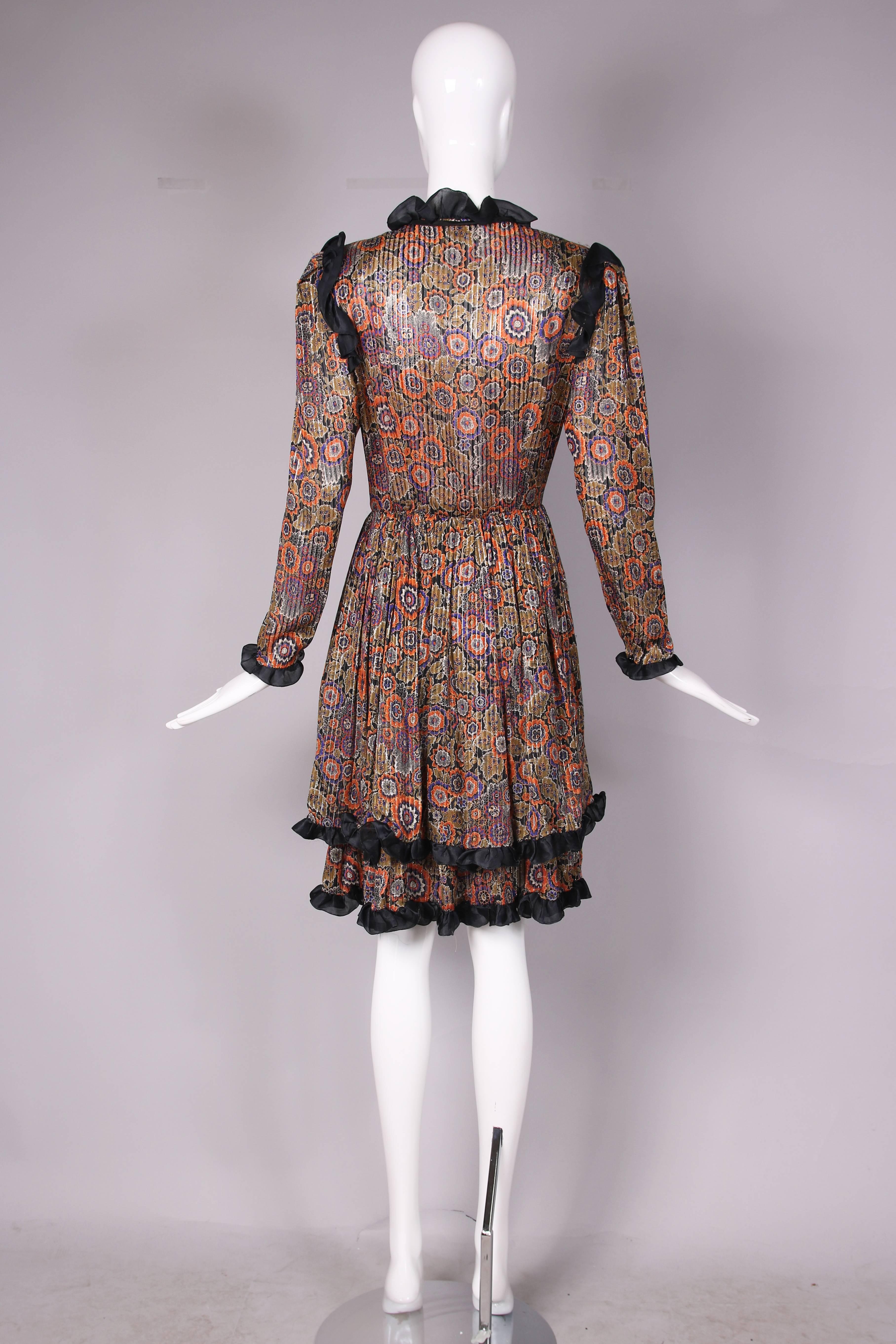 Women's Vintage Valentino Tiered Floral Print & Metallic Silk Dress W/Ruffled Trim