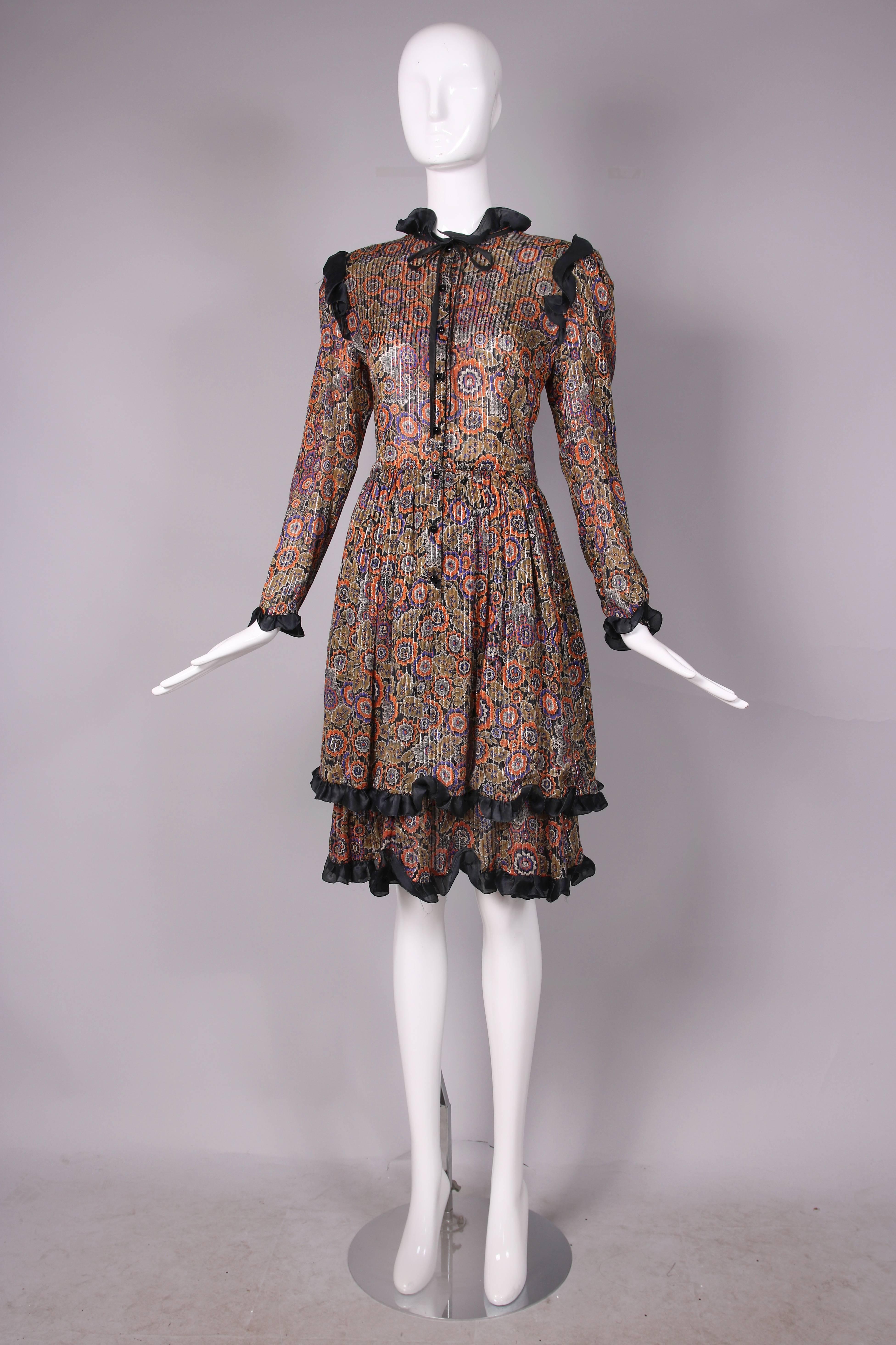 Brown Vintage Valentino Tiered Floral Print & Metallic Silk Dress W/Ruffled Trim