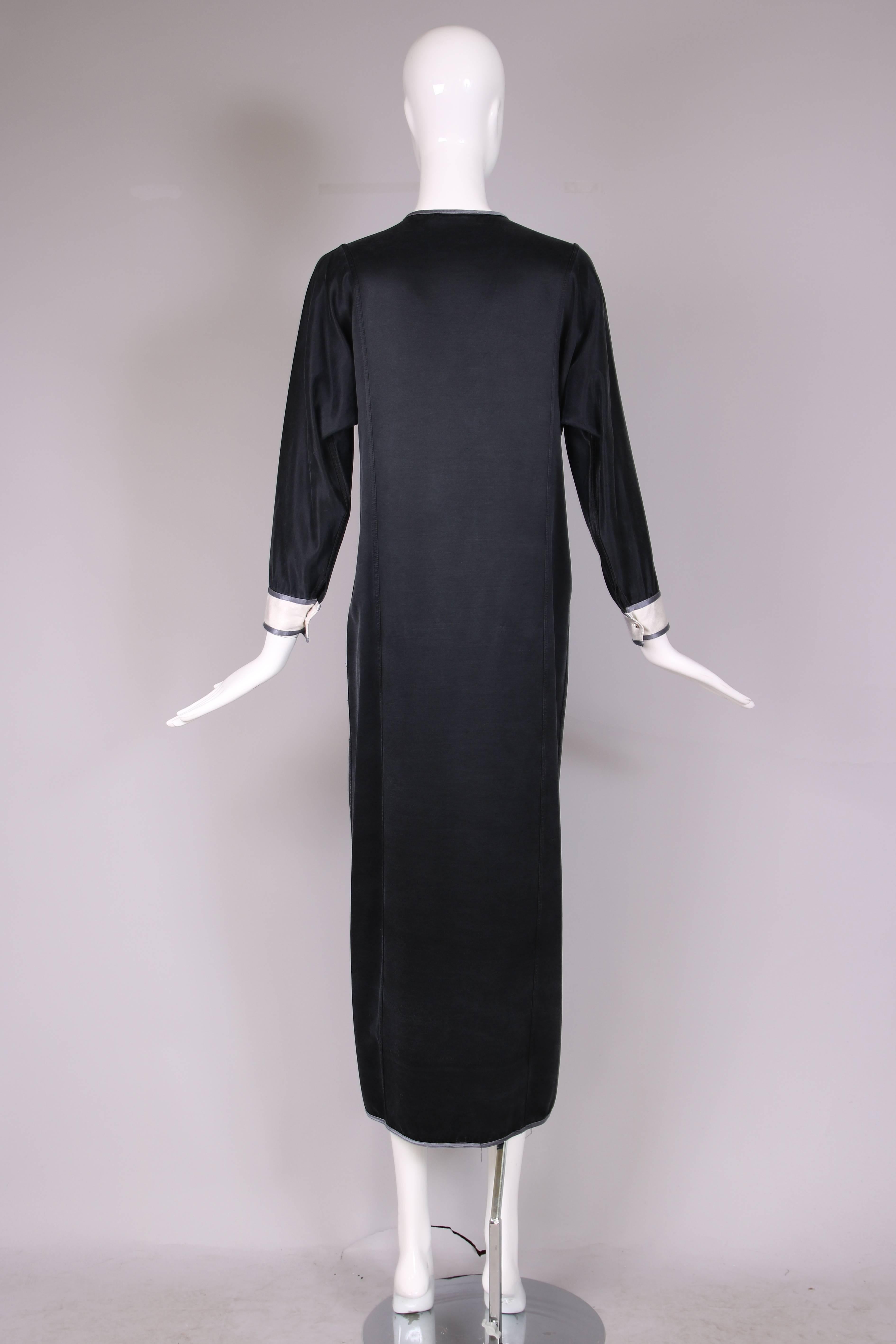 1970's Geoffrey Beene Satin Tuxedo Dress W/Crystal Buttons & Silver Trim In Excellent Condition In Studio City, CA