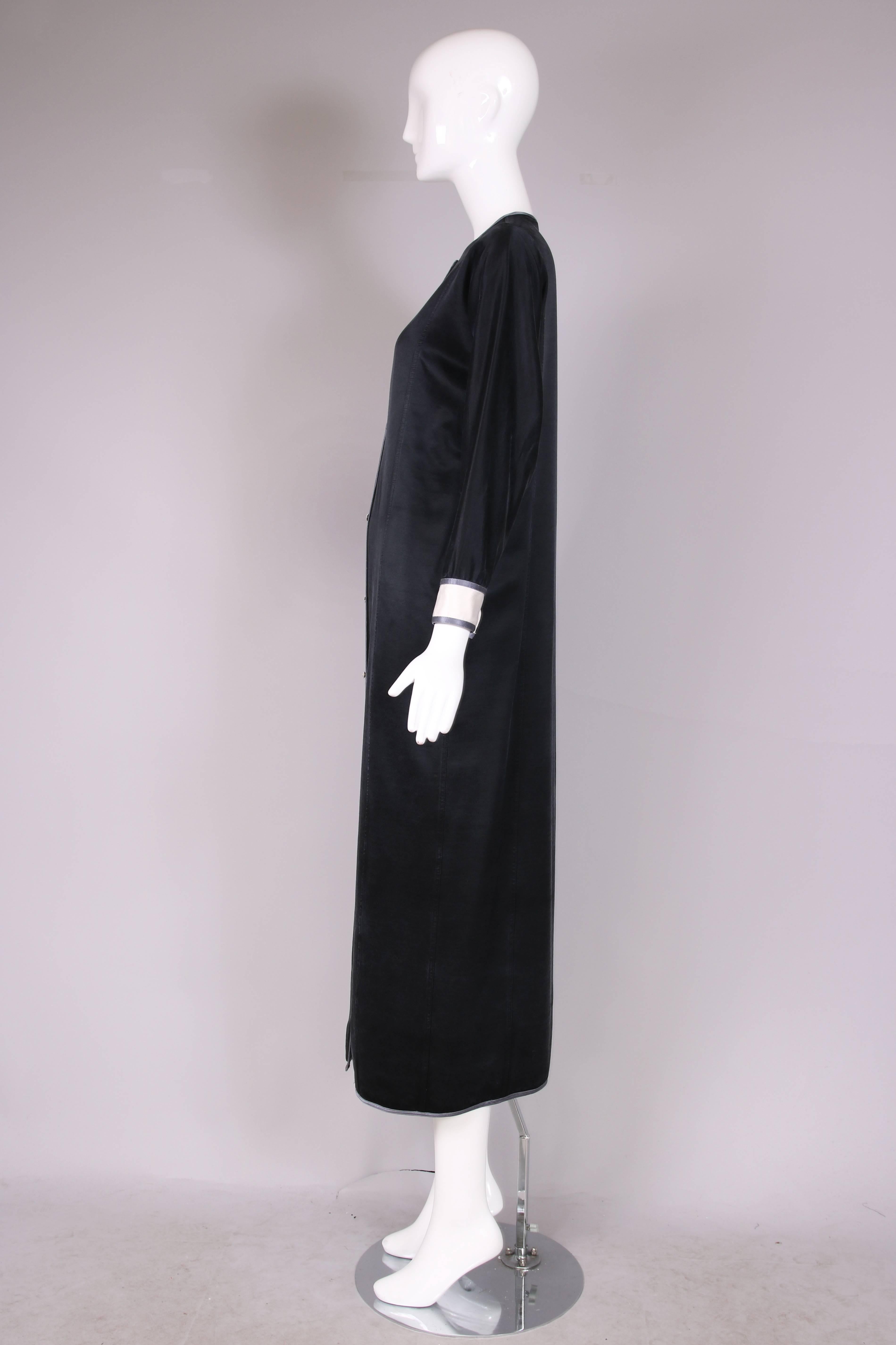 Black 1970's Geoffrey Beene Satin Tuxedo Dress W/Crystal Buttons & Silver Trim