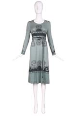 1970's Hermes Blue Cashmere "Rocaille" Shell Print Day Dress W/Belt