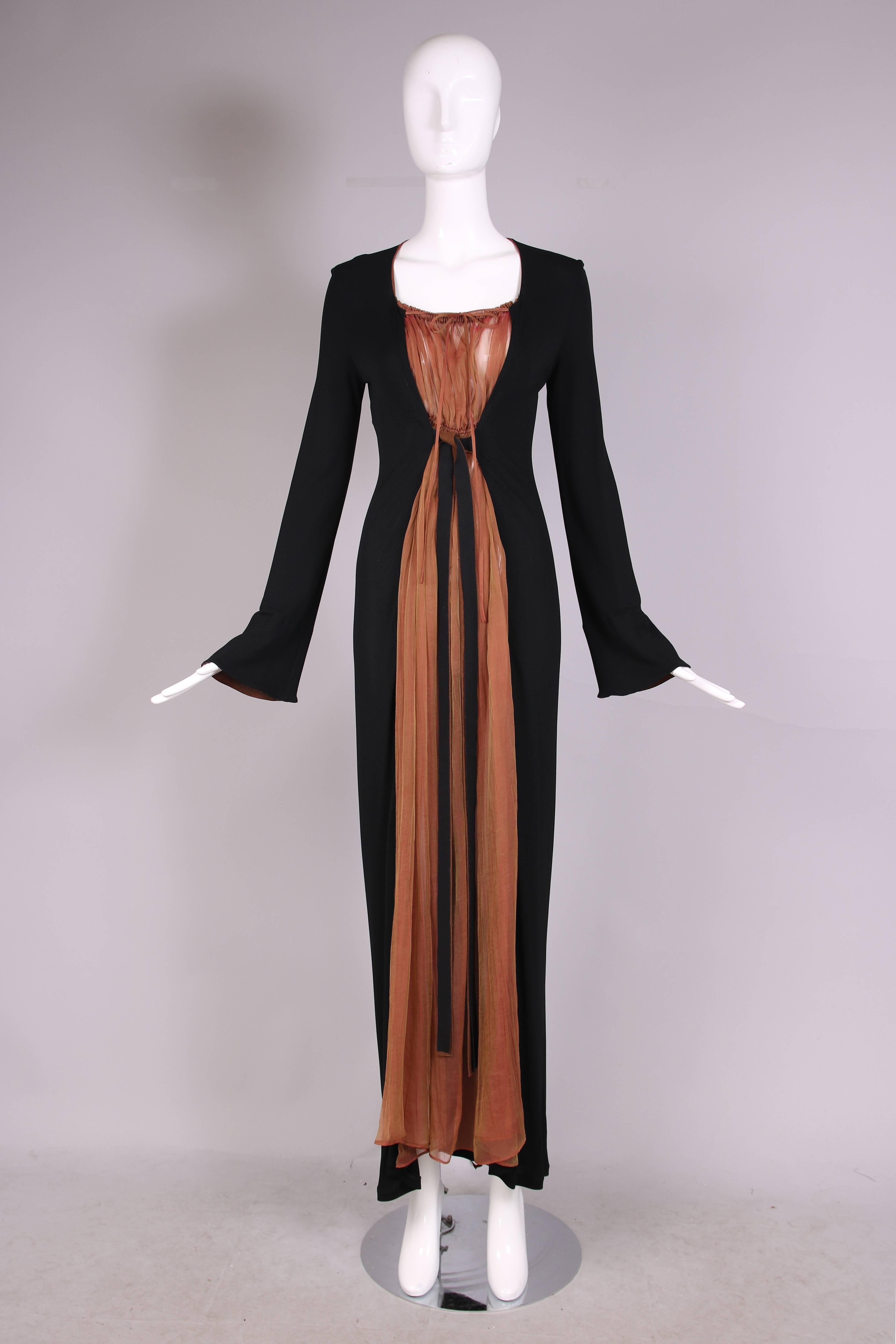 Jean-Paul Gaultier Black Maxi Dress W/Chiffon Inset & Bell Sleeves In Excellent Condition In Studio City, CA