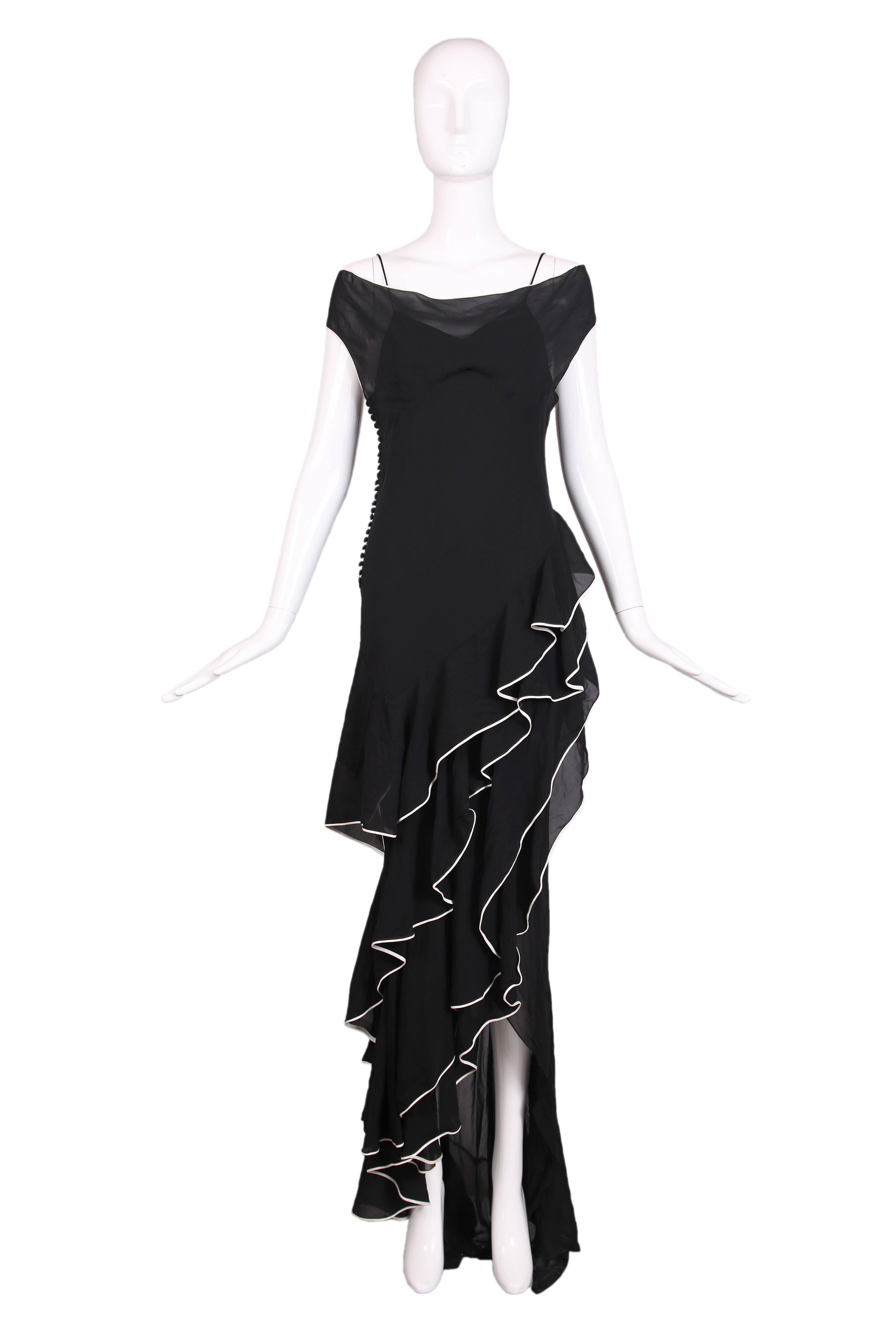 2005 Christian Dior by Galliano Black Silk Chiffon Bias-cut Ruffle Evening Gown In Excellent Condition In Studio City, CA