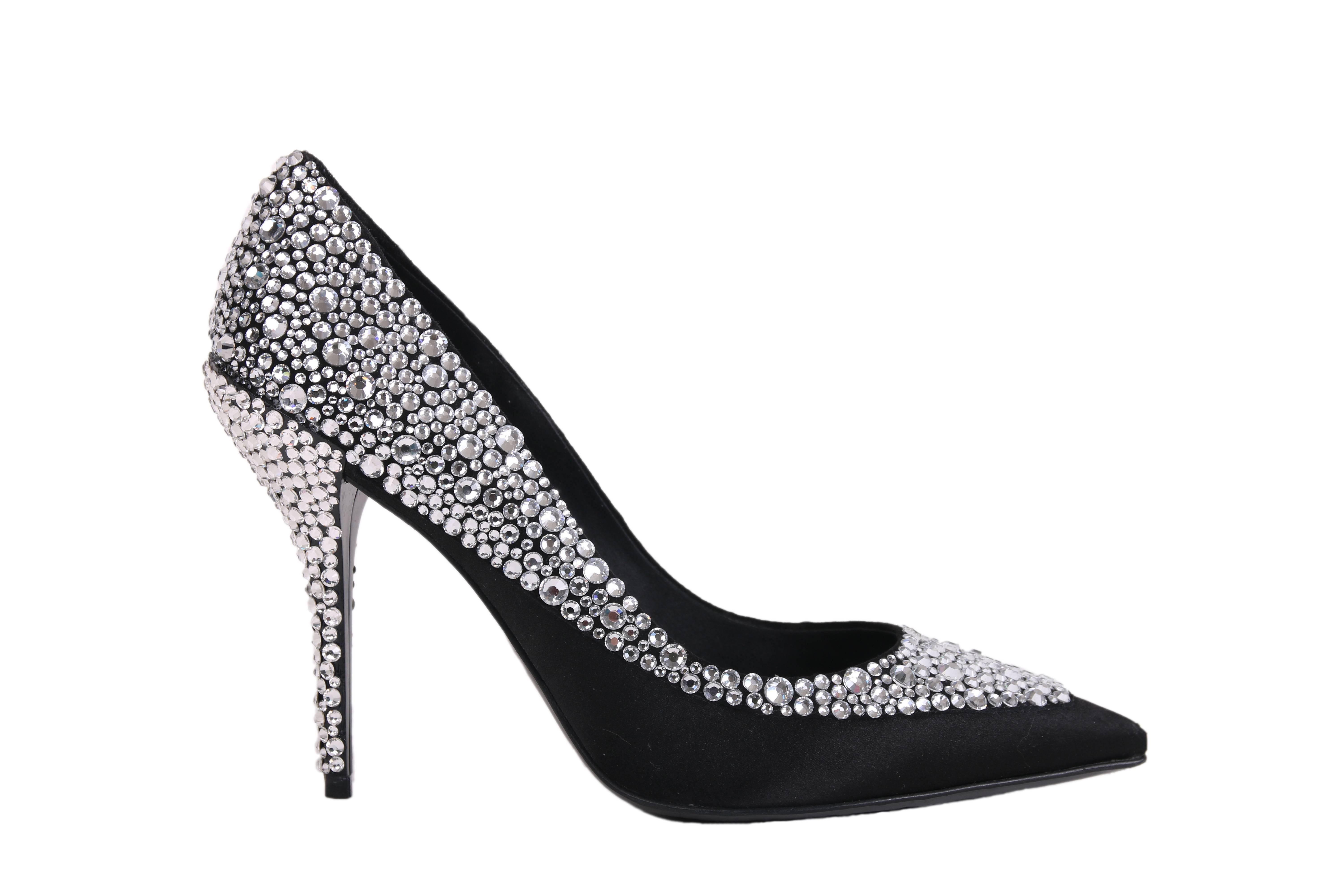 Roger Vivier black satin crystal encrusted heels with pointed toe and 3
