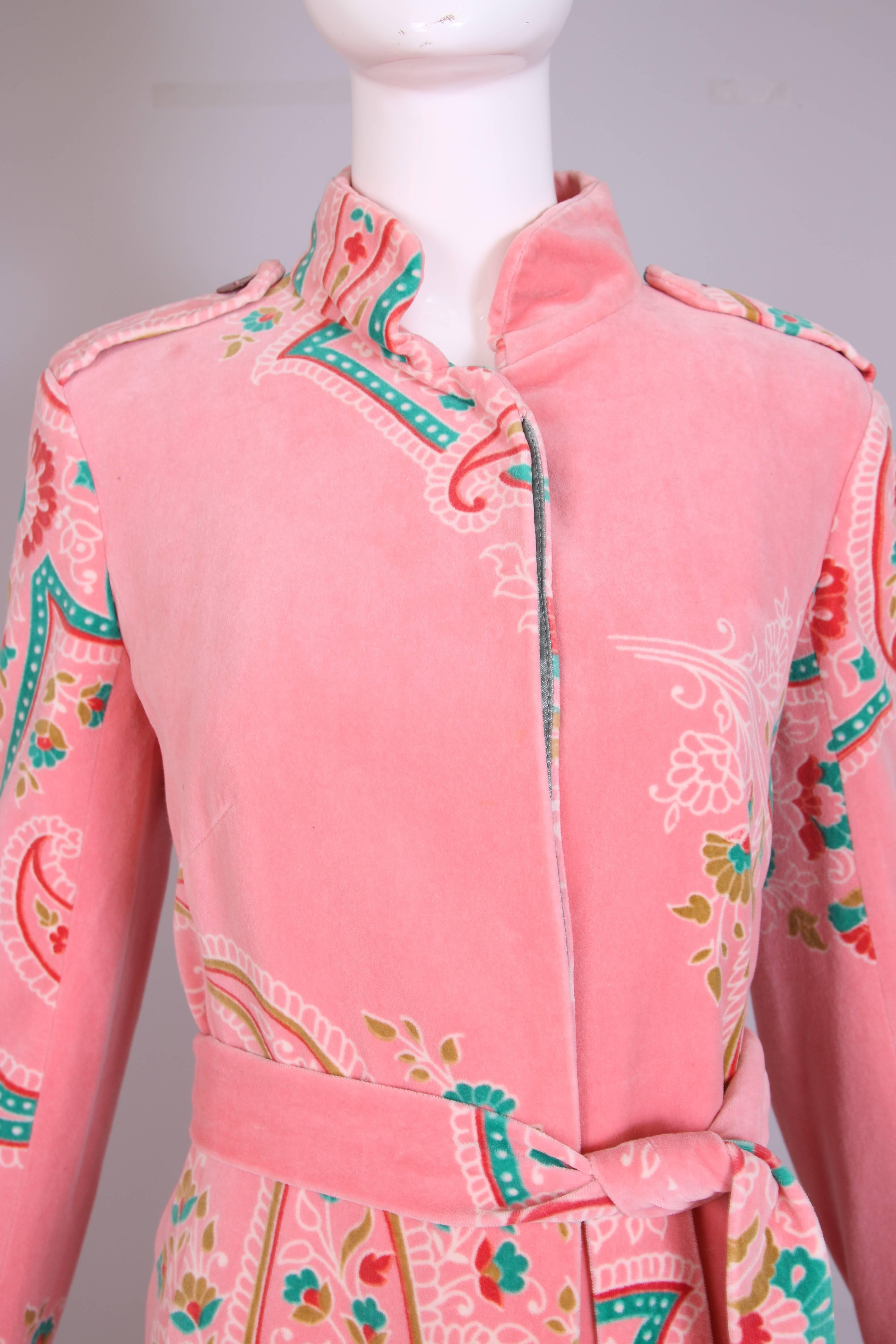 Matthew Williamson Pink Velvet Belted Coat w/Floral Print In Excellent Condition In Studio City, CA