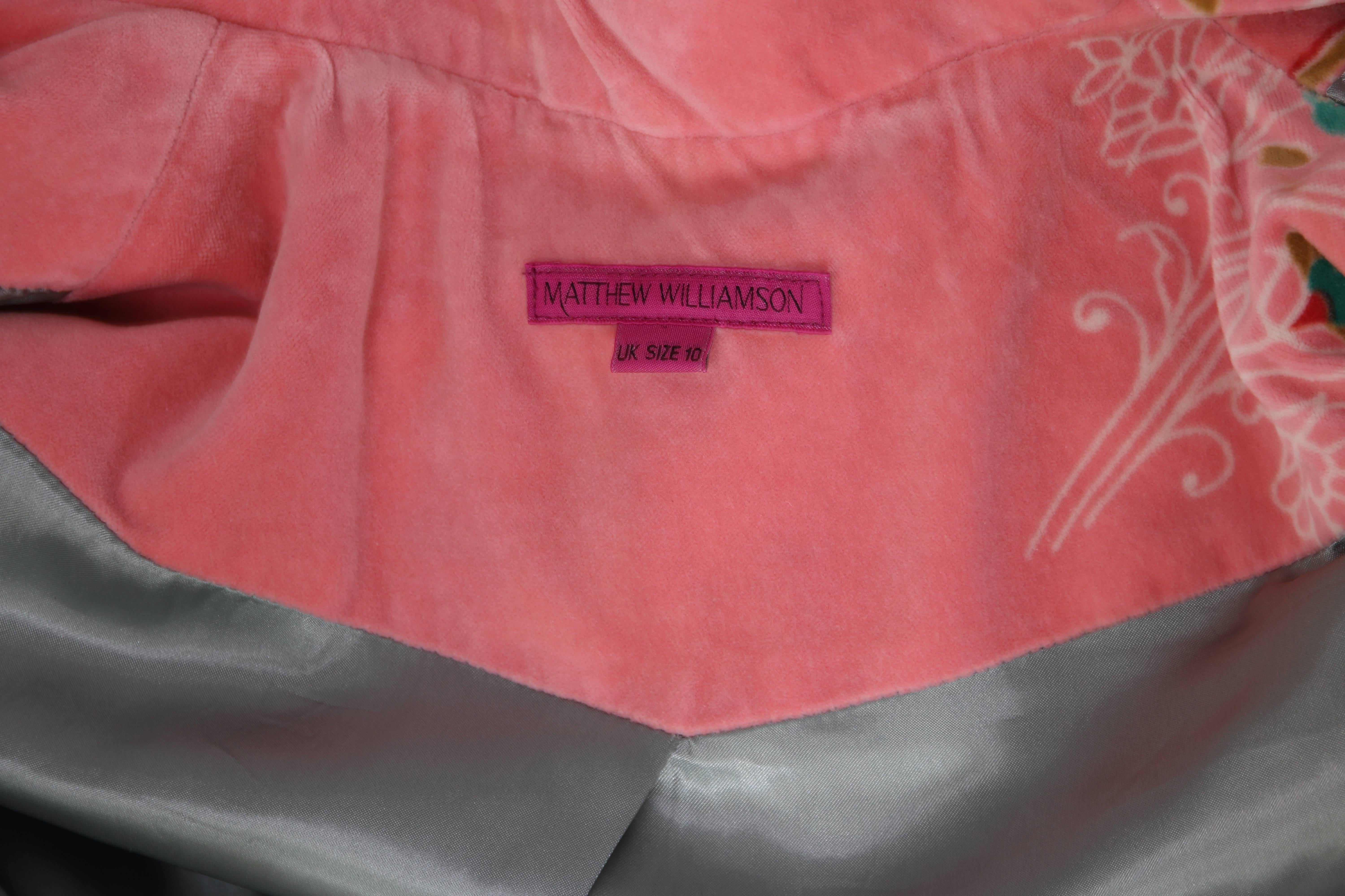 Matthew Williamson Pink Velvet Belted Coat w/Floral Print 1
