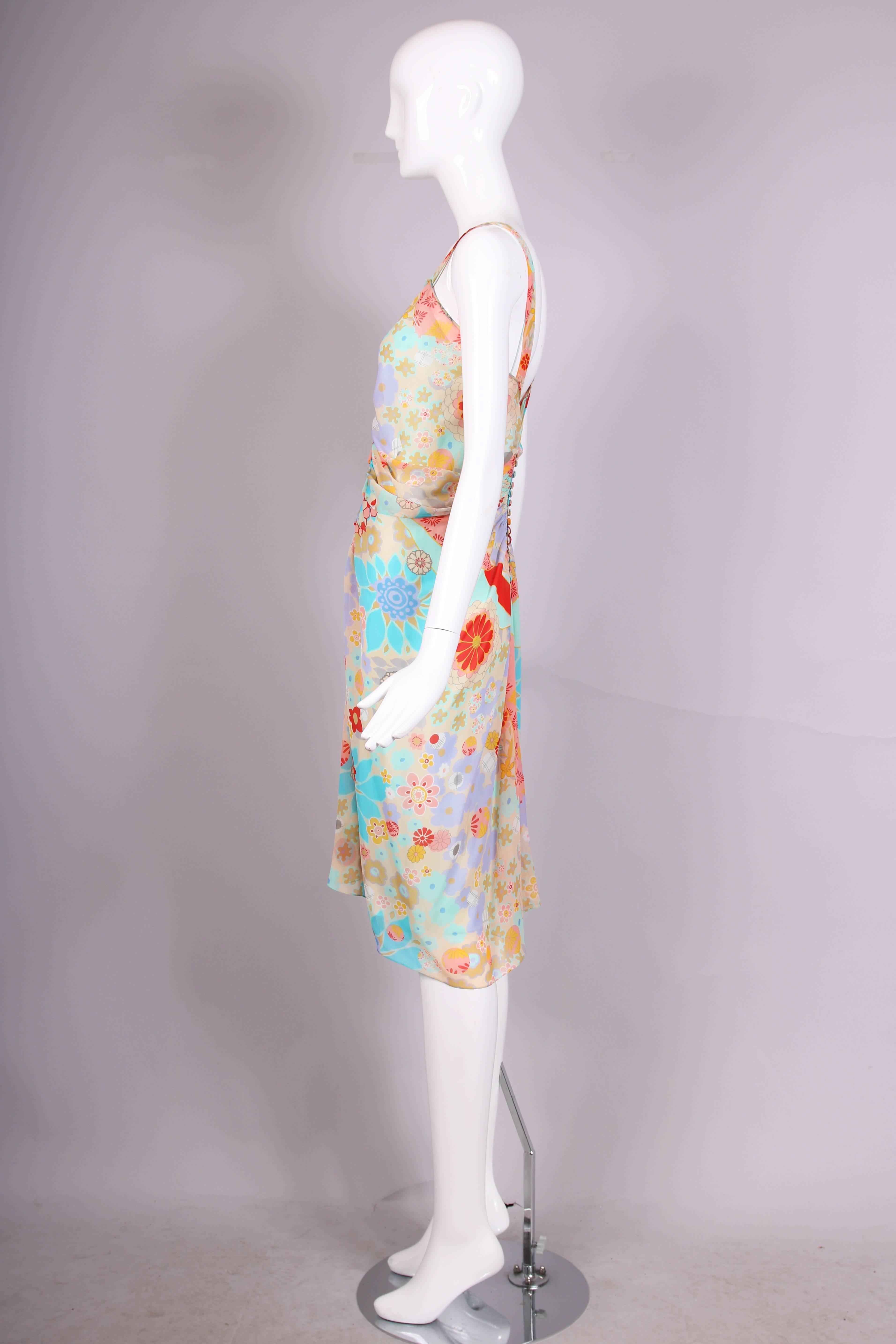 John Galliano Multi-Colored Floral Print Bias Cut Cocktail Dress W/Ruching In Excellent Condition In Studio City, CA