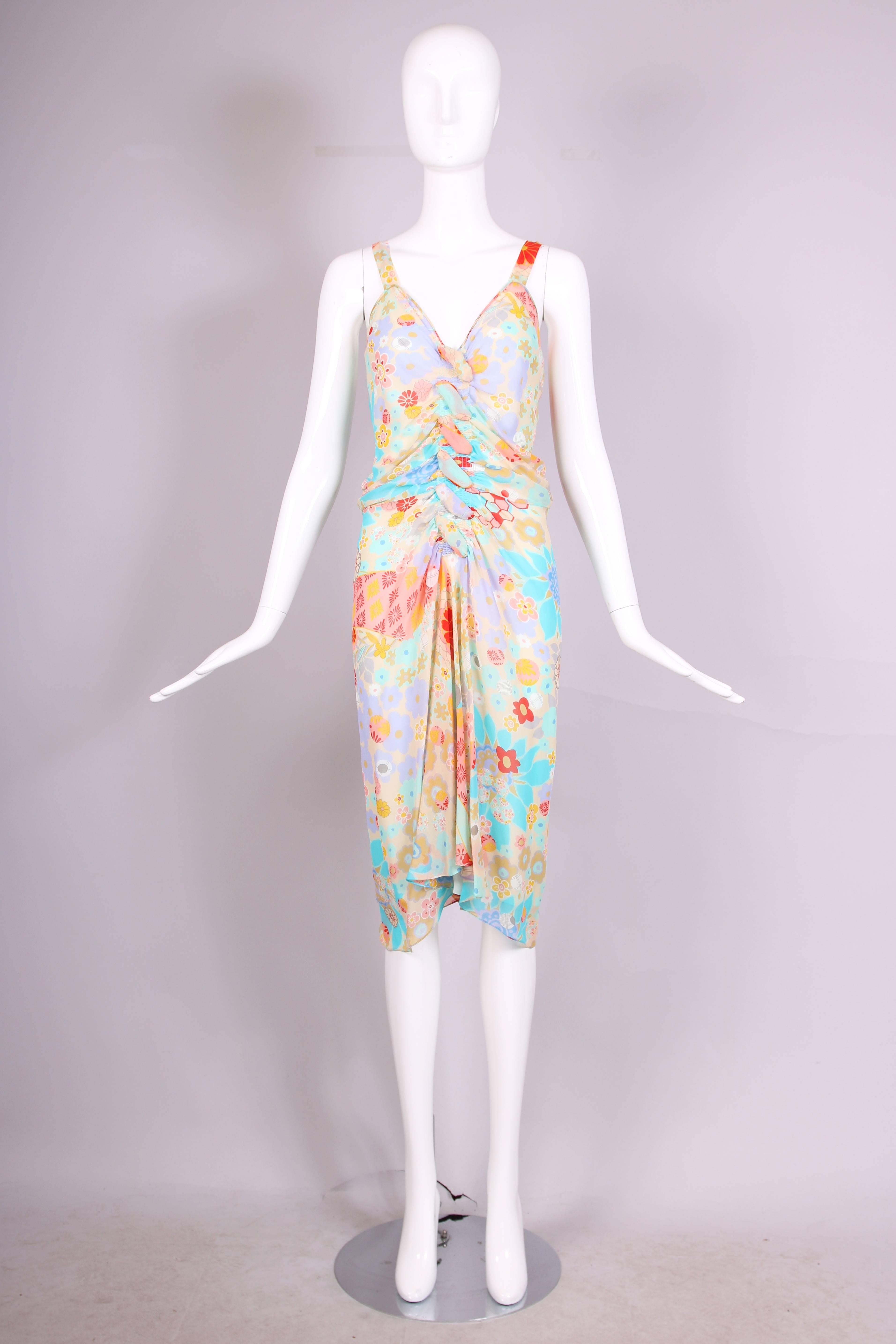 Gray John Galliano Multi-Colored Floral Print Bias Cut Cocktail Dress W/Ruching