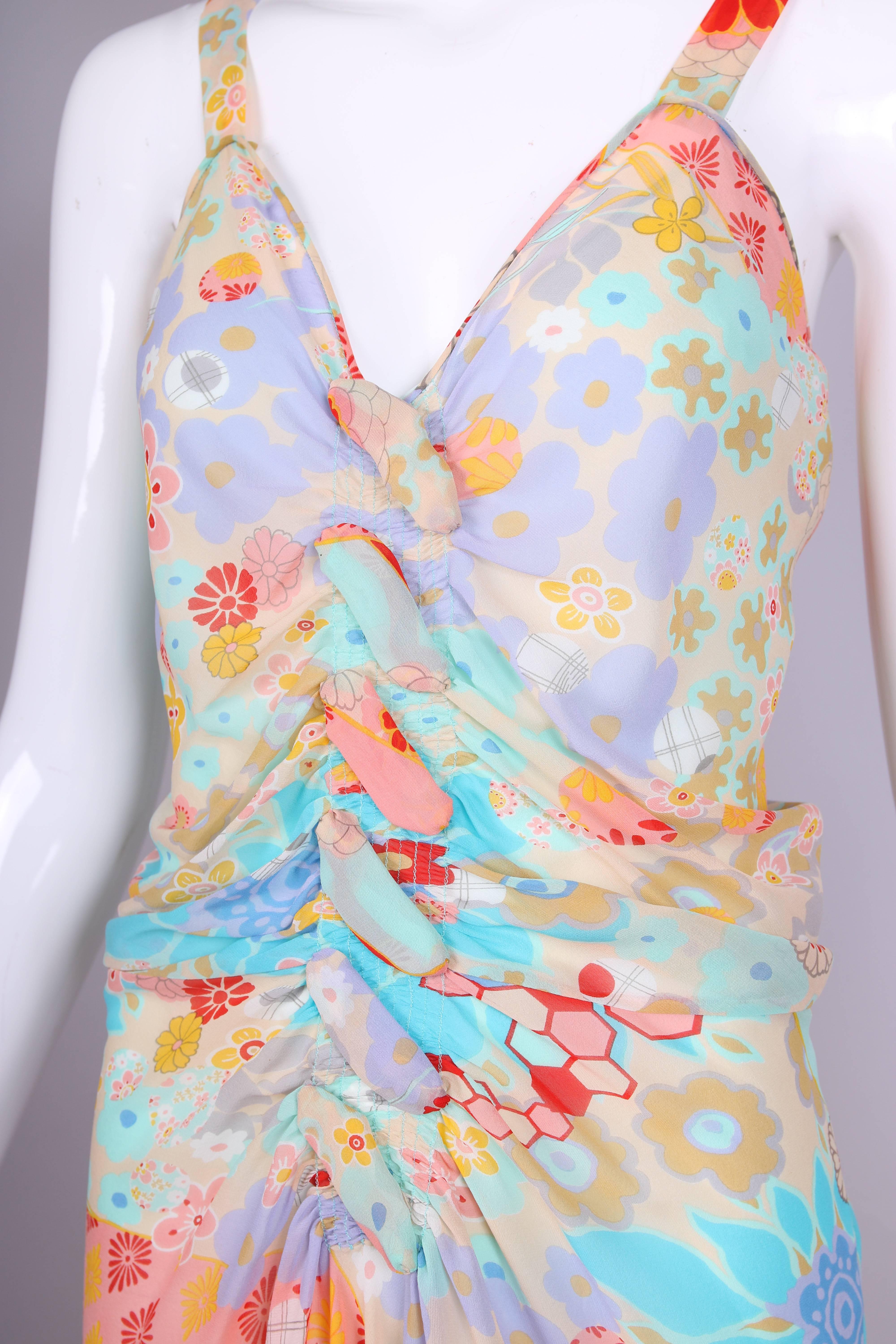 John Galliano Multi-Colored Floral Print Bias Cut Cocktail Dress W/Ruching 1