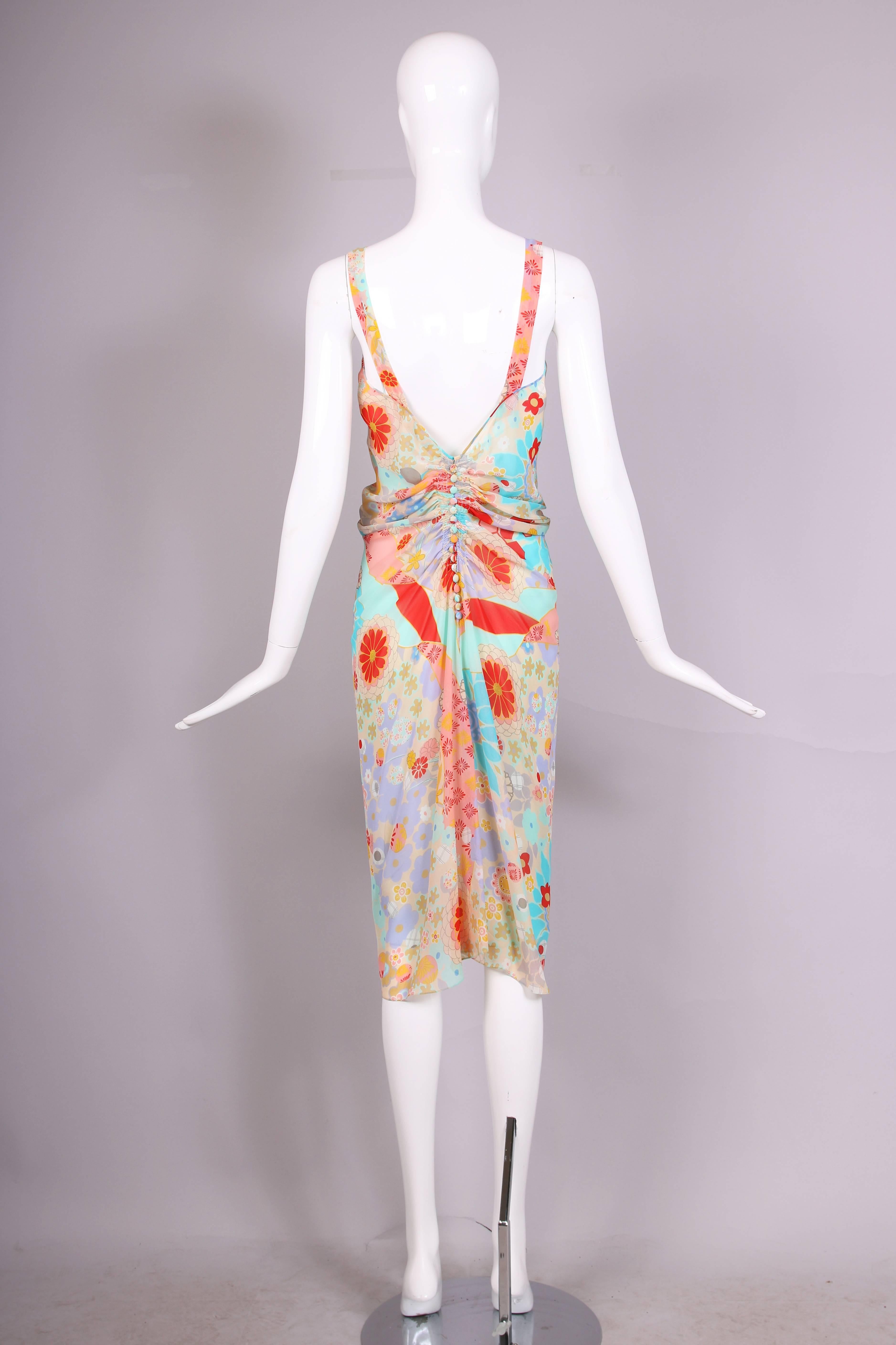 Women's John Galliano Multi-Colored Floral Print Bias Cut Cocktail Dress W/Ruching